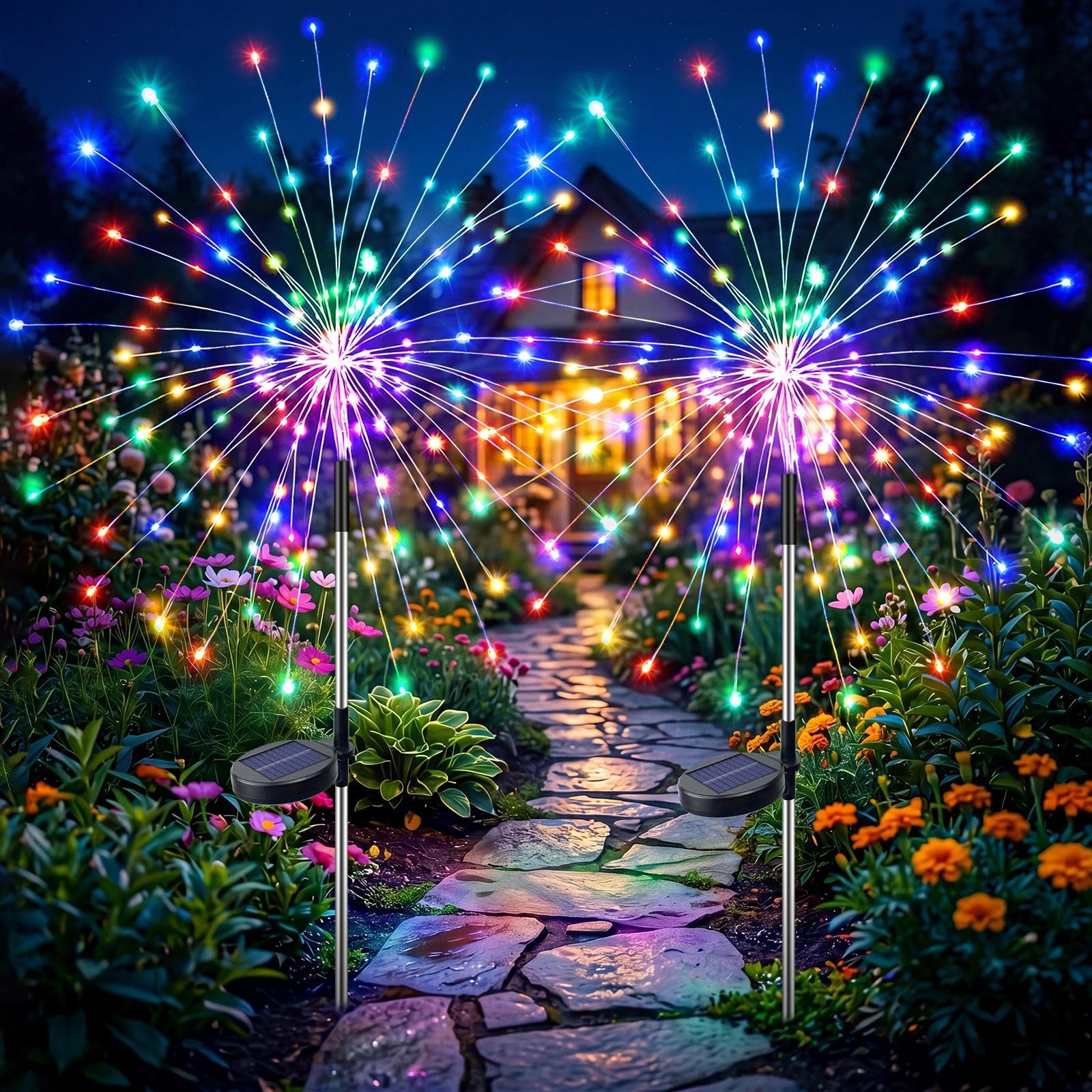 Fairdeer Solar Firework Lights Outdoor Garden, 2 Pack Multicolor 120 LED Solar Starburst Garden Stake Lights with 8 Modes, Waterproof Decorative Pathway Lights for Garden, Patio, Lawn & Flower Beds