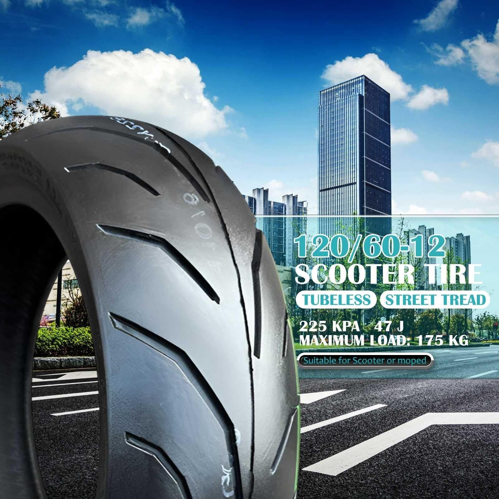 120/60-12 Opona Motocyklowa bez Wewnętrznej Rury 4 P.R. 47J | Do Przedniego i Tylnego Koła | Odporna na Przebicia, Niska Oporność Toczna, Wysoka Odporność na Zużycie do Jazdy Miejskiej(1pc)