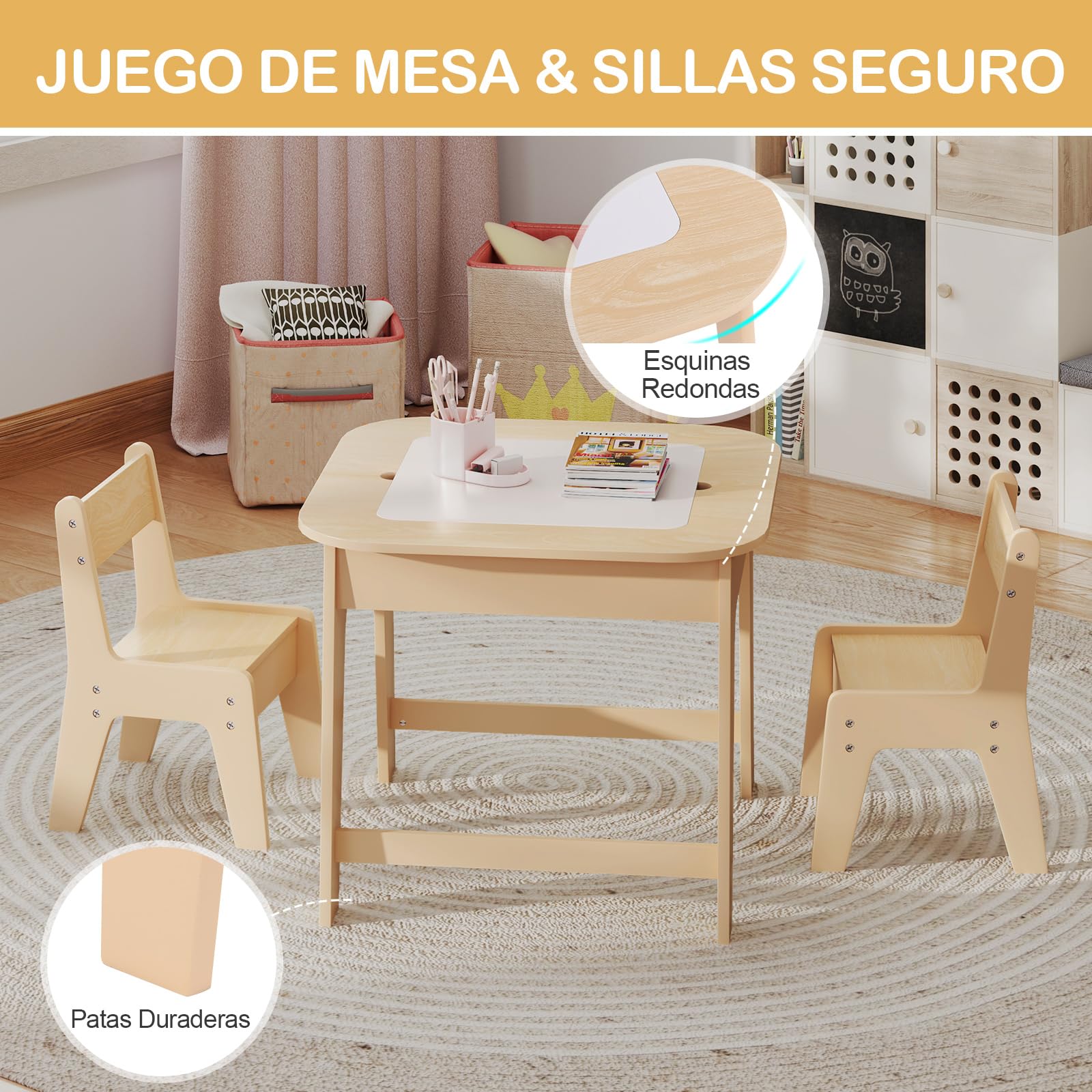 COSTWAY Juego de Mesa y Sillas para Niños, Juego de Mesa de Actividades Infantil con Almacenamiento Oculto, 2 Sillas Ergonómicas, Set de Muebles para Arte, Manualidades (Natural)