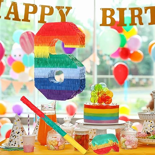 Miniatura 5 de Sratte Piñata de números arcoíris, piñata multicolor, pequeña fiesta de cumpleaños con palo y confeti para cumpleaños, aniversario, fiesta de Cinco