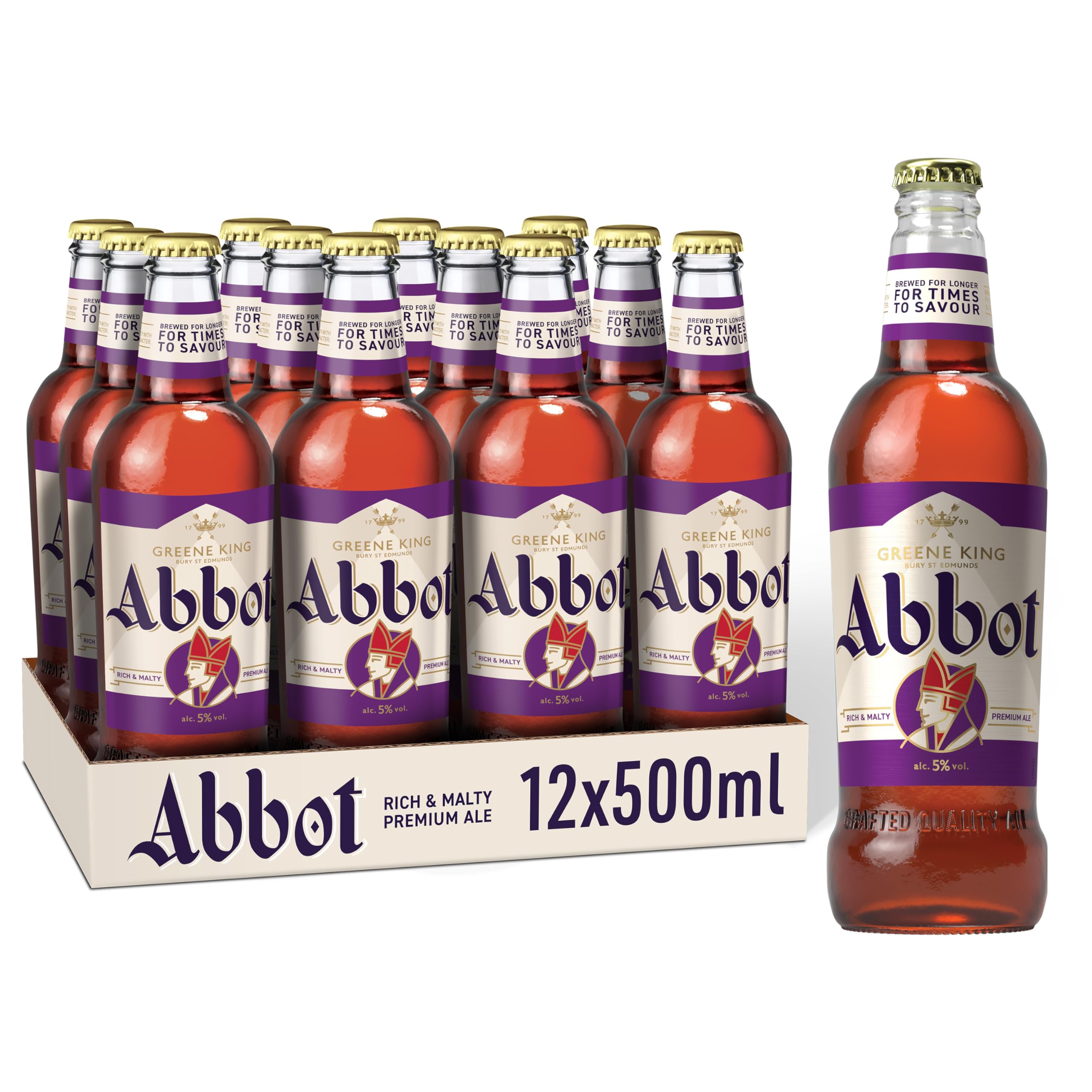 Greene King Abbot Ale Beer 500ml Bottles – 12 Pack | Rich & Malty English Ale with Caramel & Fruit Notes | Full-Bodied Traditional British Beer