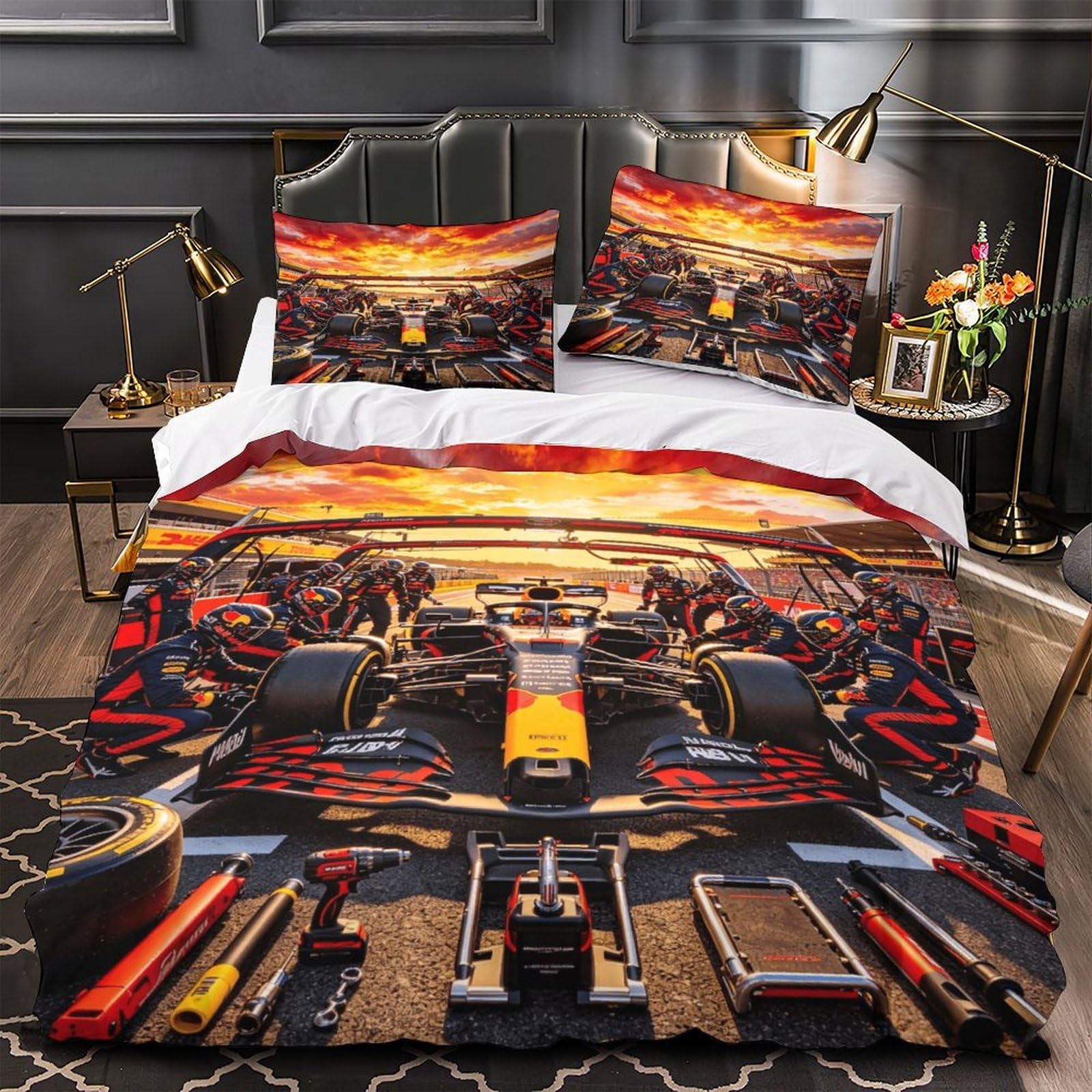 DAFUfbw Hypoallergenic Bedding Set Formulaa Racing, Cozy Bedspread 3D Printed Pit Stop Quilt Cover Double（200x200cm）, Microfiber Duvet Cover Pillowcase