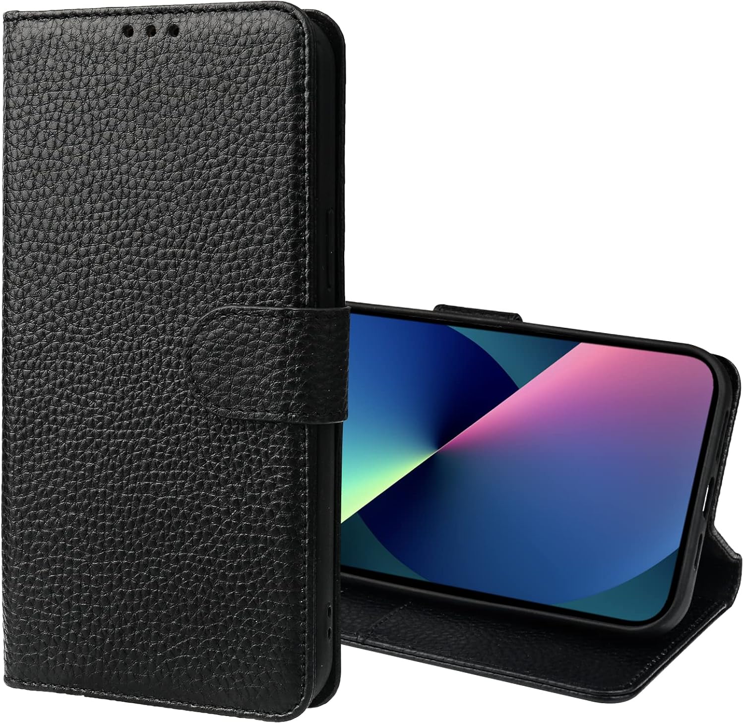 Bocasal Genuine Leather Wallet Case for iPhone 13 Pro Max 5G Wireless Charge RFID Blocking Credit Card Holder Kickstand Folio Flip Protective Cover with Wrist Strap Magnetic Clasp 6.7 Inch(Black)