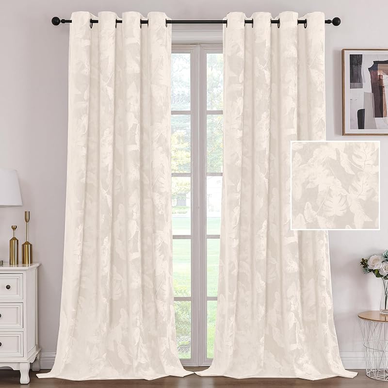 H.VERSAILTEX Velvet Leaf Pattern Curtains for Living Room 108" L, Ivory | Luxury Velvet, Room Darkening, Light Blocking, Noise Reducing, Thermal Insulated, Grommet Top, 52 X 108 Inch, 2 Panels