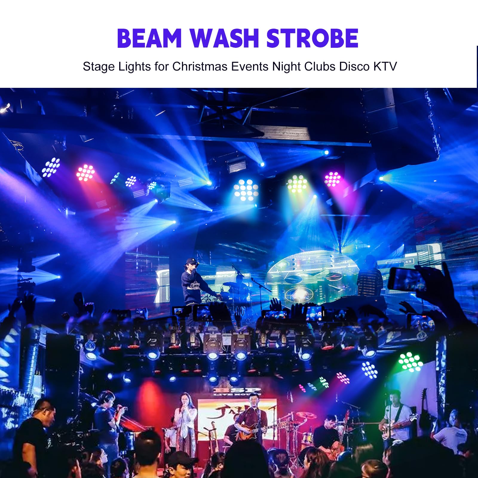 Lot de 2 faisceaux lumineux à tête mobile 12 x 12 W LED RGBW 4 en 1 professionnel DMX 512 effet stroboscopique activé par le son pour DJ, discothèque, karaoké, bar