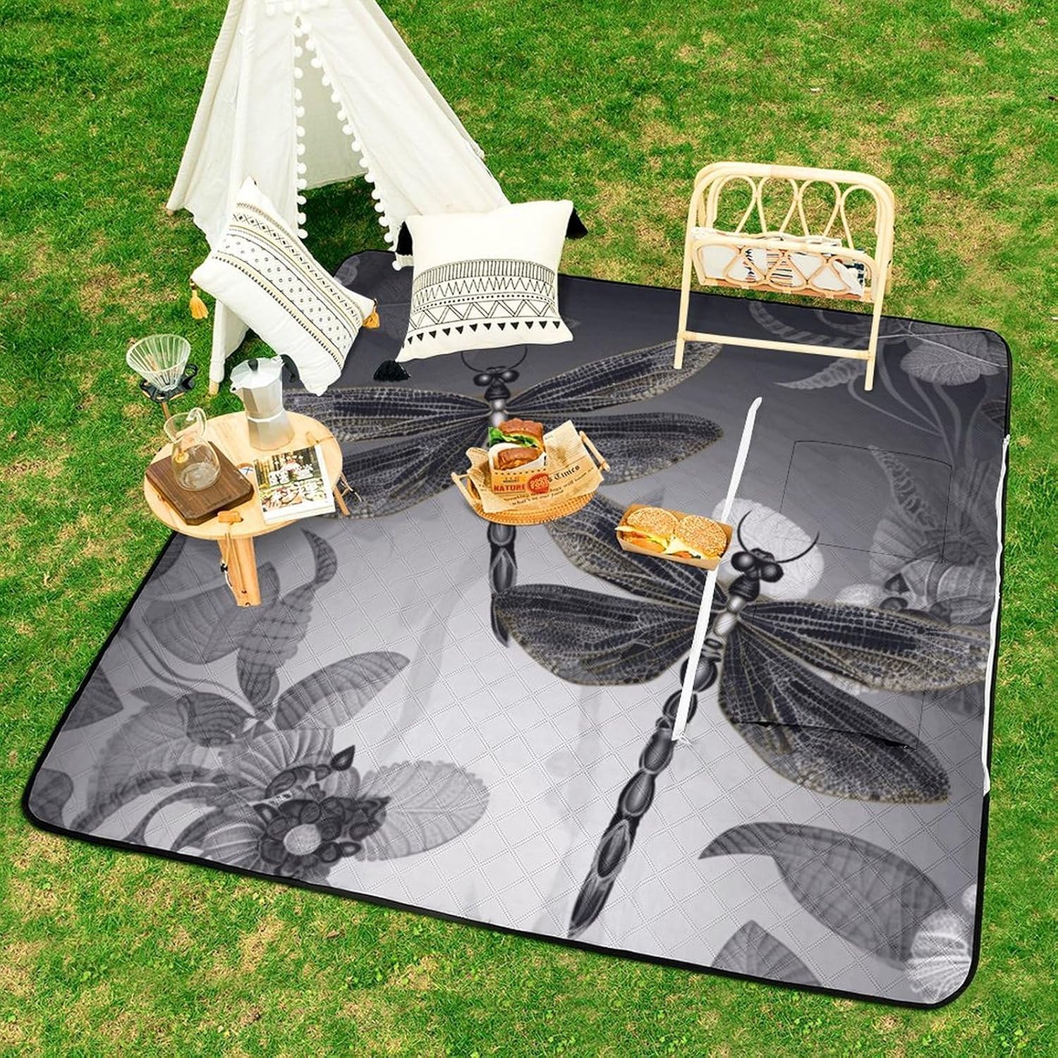 Dragonflies Grey Picnic Blanket with Zipper Water Resistant Sand Free Picnic Mat Washable Foldable Easy Carry Beach Blanket for Lawn Beach Hiking Camping