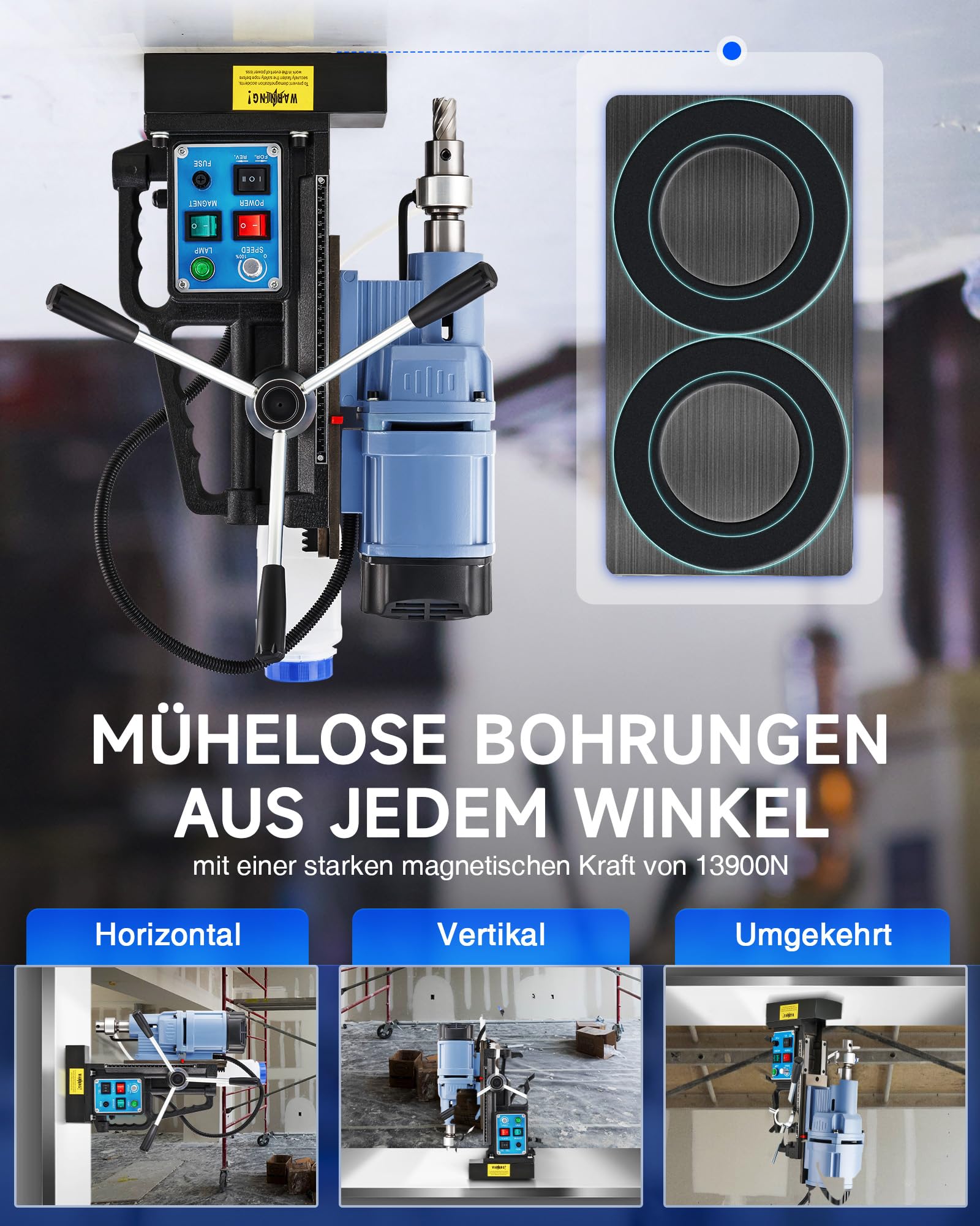 ZELCAN Magnetbohrmaschine, 1550W Standbohrer, 13900N Anpresskraft, 650 U/min, 50mm Bohrtiefe. Lieferung mit 11 HSS-Bohrern 12–27mm und Drehzahlregelung für gewerbliche Metallbearbeitung