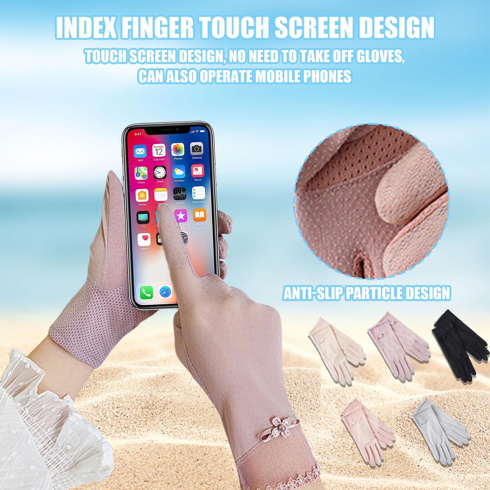 1 paire de gants de protection solaire pour femme - En dentelle de soie glacée - Antidérapants - Pour écran tactile - Pour équitation, cyclisme, randonnée, pêche, activités de plein air