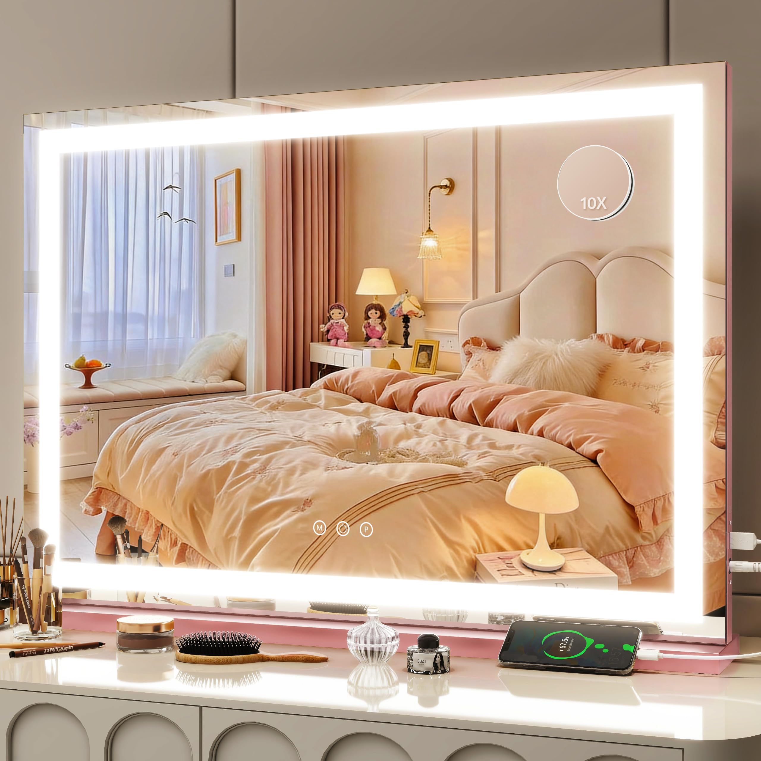 FENNIO Vanity Mirror with Lights 32''x22'' Makeup Mirror with Lights,Lighted Makeup Mirror with 10X Magnification and USB，Smart Touch Screen with 3-Color Lighting,Dimmable（Square Pink）