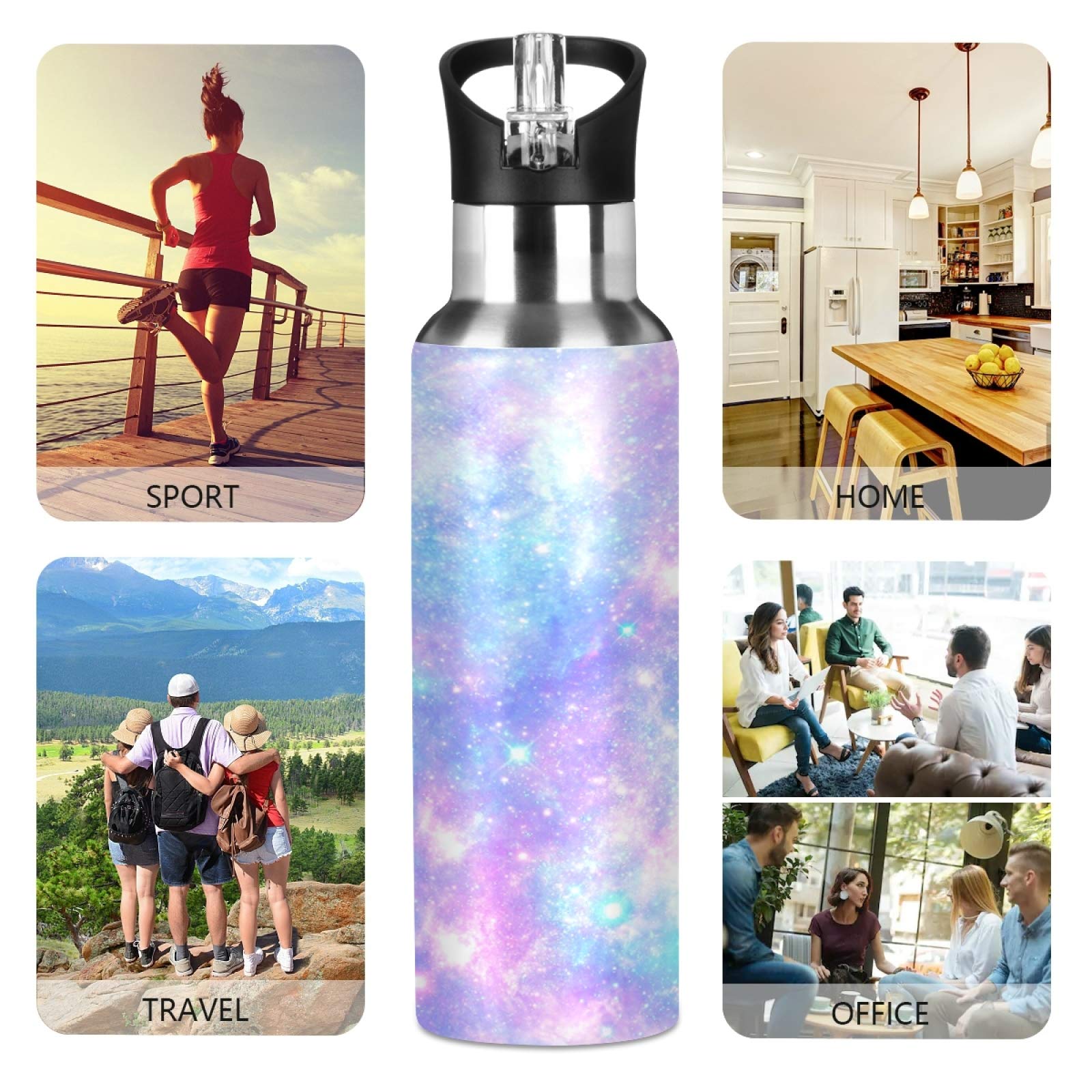 Galaxy Rainbow Star Tie Dye Sport-Wasserflasche mit Strohhalm, vakuumisolierte Edelstahl-Thermoflasche, auslaufsicher, BPA-frei, Trinkflasche für Fitnessstudio, Fitness, Camping, 600 ml