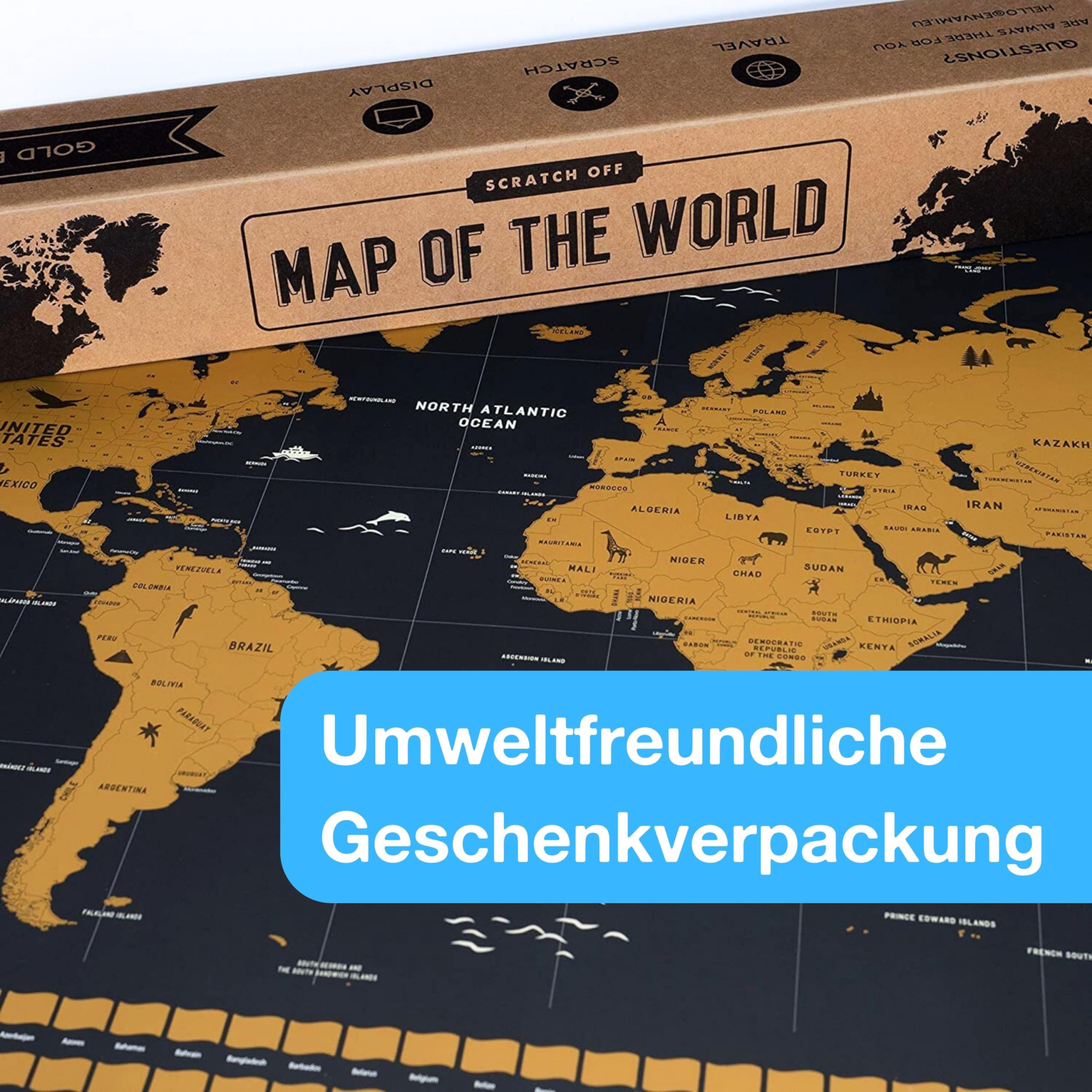 Weltkarte zum Rubbeln I Gold I Made in Germany I Englisch I 68 x 43 cm I Landkarte zum Rubbeln I zum Freirubbeln I Rubbelweltkarte zum Freikratzen I Scratch Off Map
