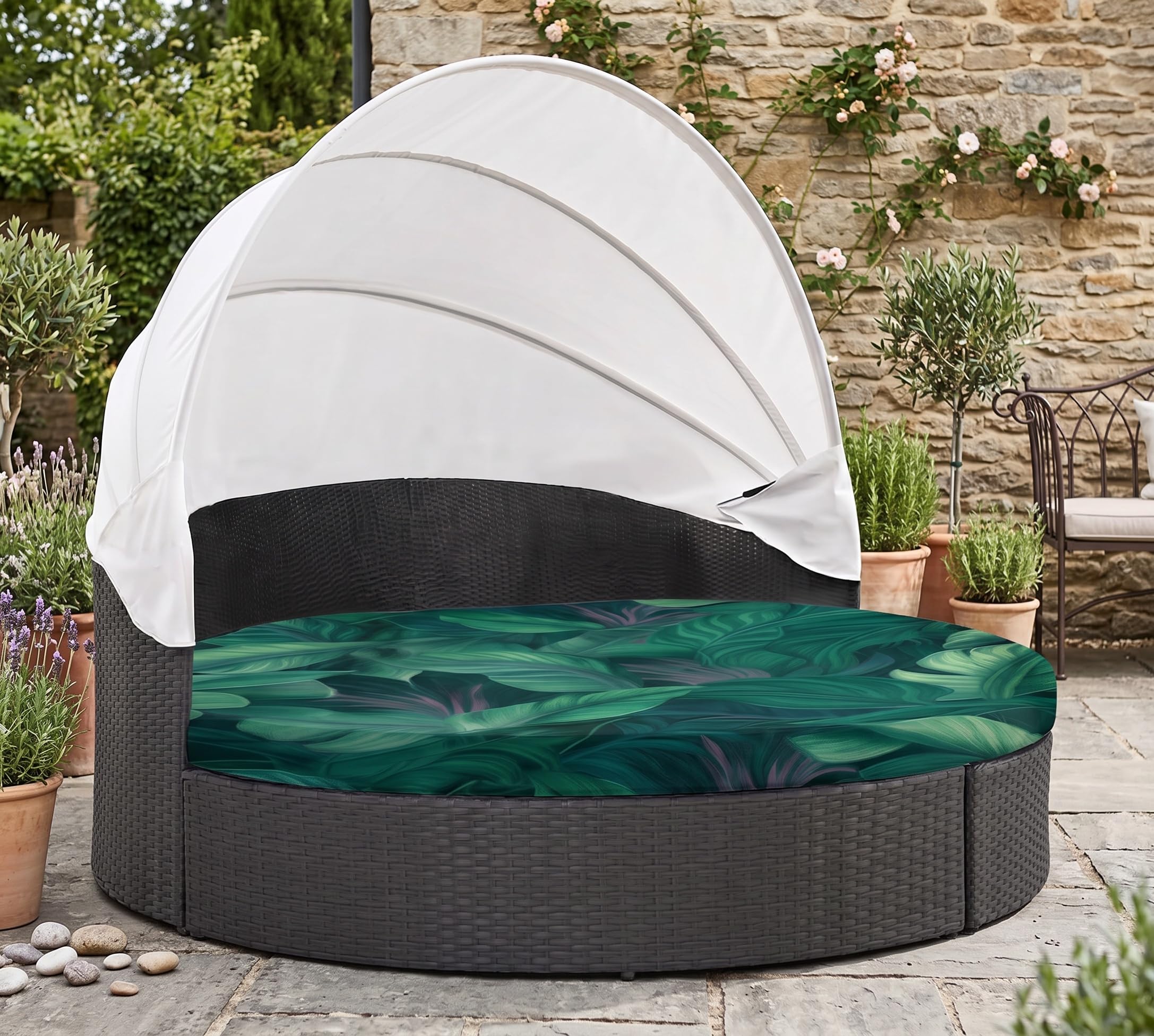 LiveGo Outdoor Daybed Cushion Cover, 66" Replacement Daybed Cover with Elastic Band, Sun Bed Cushion Cover, Outdoor Round Bed Cushion Covers (Leaves C, Round Cover)