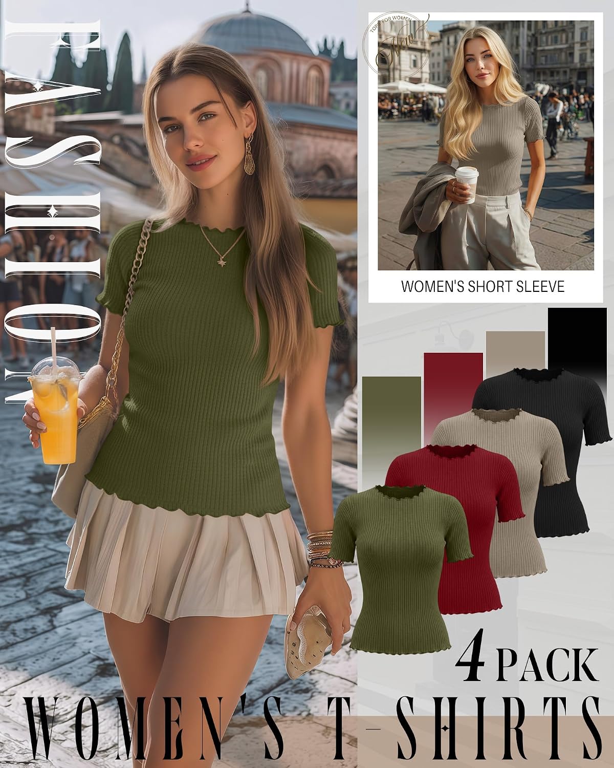 4 Pack Women's Short Sleeve Cotton Shirts Ribbed Lettuce Trim Tops Slim Fit Crew Neck Casual Summer Basic Tees