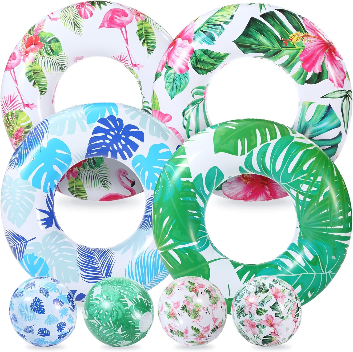 Soulchen 8 Pack Inflatable Luau Pool Floats 35.4" Hawaiian Pool Floats Tubes with Beach Balls for Adults Hawaiian Swim Tubes Rings Blow Up Floaties for Summer Swimming Beach Game Party Decors Supplies
