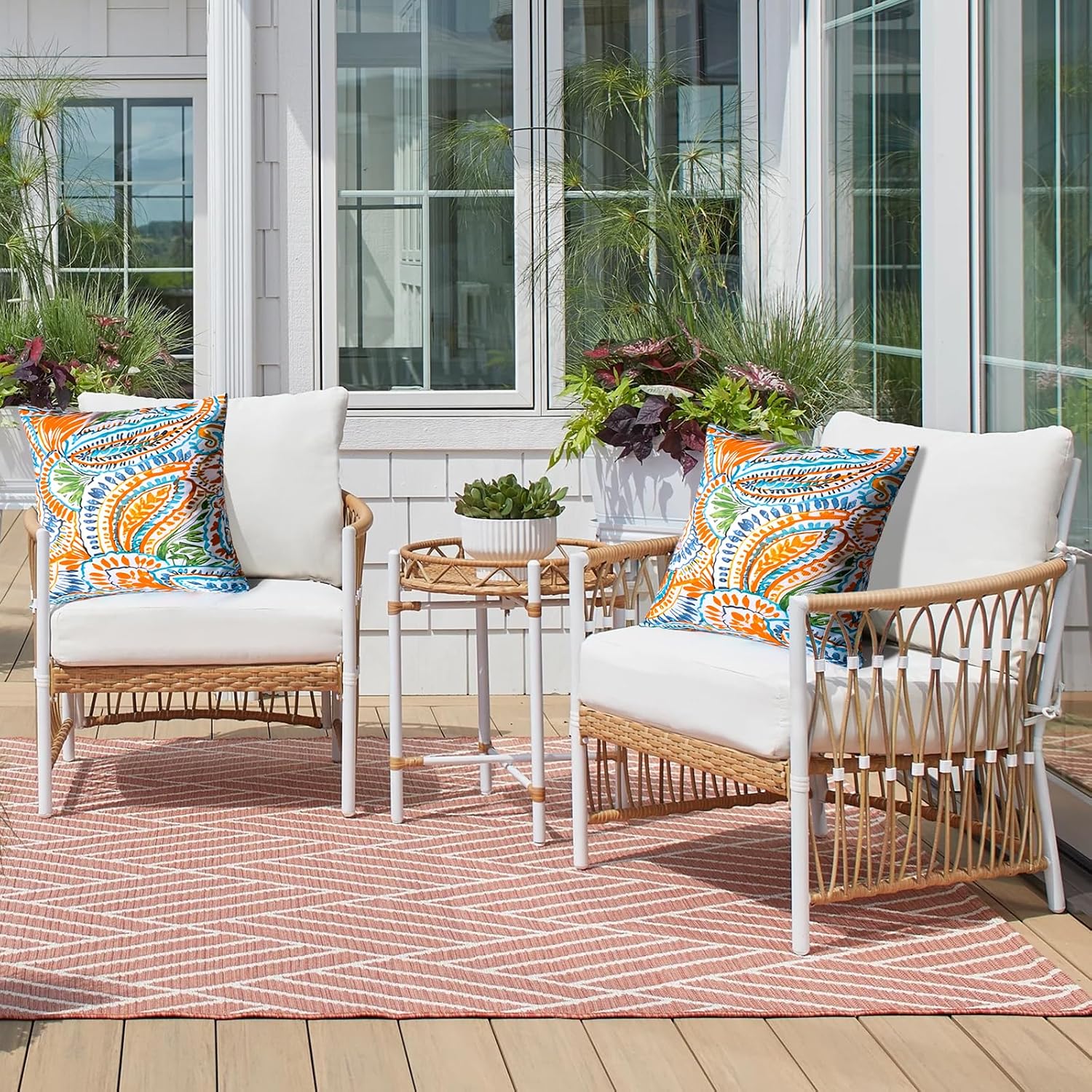 Outdoor Pillows, Set of 2 18x18 Inch Water Resistant Outdoor Throw Pillows with Inners, Paisley Pattern Decorative Cushions for Patio Furniture, Garden Couch, Sofa(Orange)