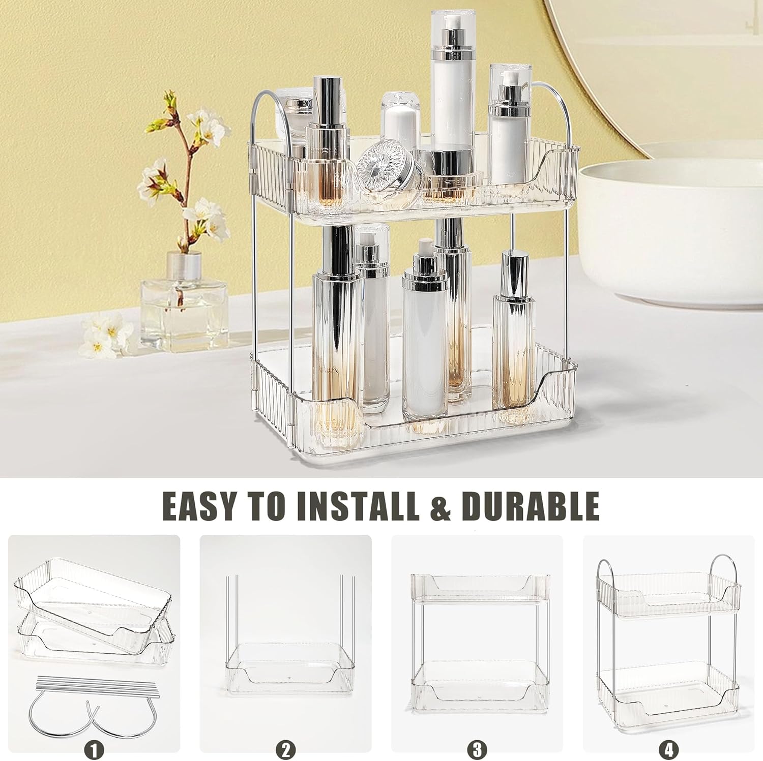 Bathroom Counter Organizer Countertop Storage Skincare Countertop Makeup Organizer Cosmetics Skincare Organizers Holder for Perfume-Clear white-silver pole - Image 4