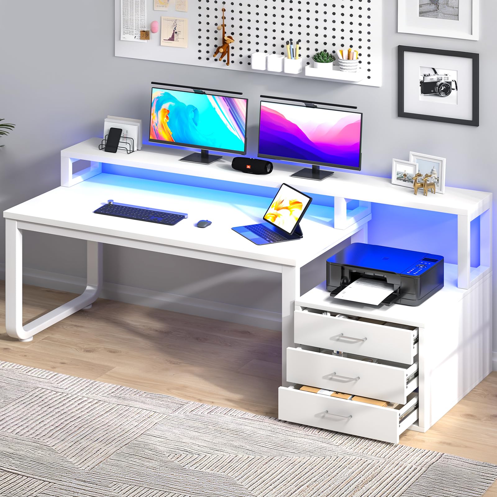 MaverickFurni 67' White Office Desk with 3 Drawers and LED Lights