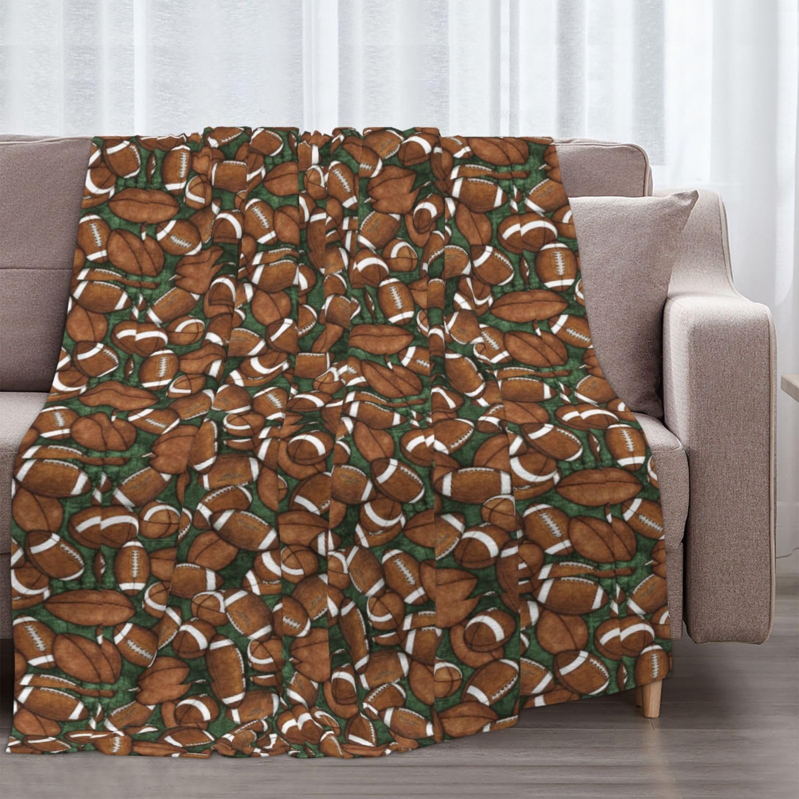 Couverture en flanelle imprimée vert football 178 x 203 cm, couverture d'hiver chaude pour camping ou voyage