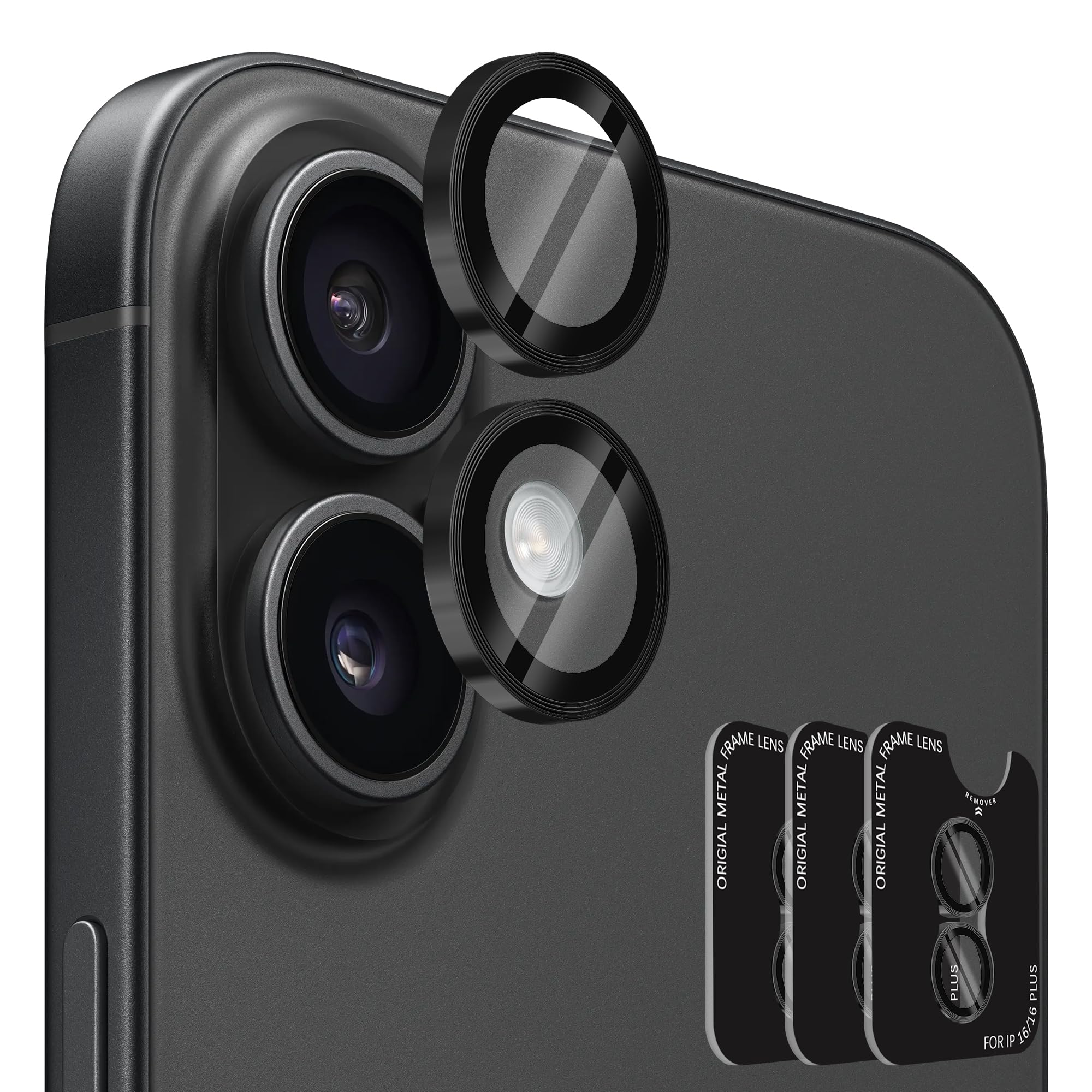 (3 Sets) Orzero Camera Lens Protector Compatible for iPhone 16 6.1"/iPhone 16 Plus 6.7", Protector de Cámera One-Step Installation Individual Metal Ring Glass Cover CD Pattern Case Friendly - Black