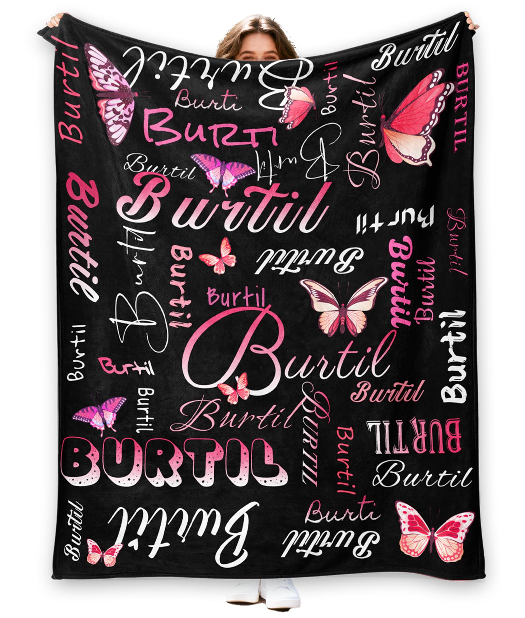 Hierceson Personalised Pink Butterfly Name Throw Blanket, Custom Monogram Blanket for Girls Women, Butterflies Gift, Soft Letter Flannel Throws for Christmas Birthday (02-Butterfly 3)