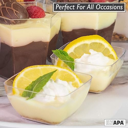 Miniatura 4 de Ilyapa 100 mini tazas de postre de plástico con cucharas, tiradores cuadrados de 2 onzas para postres de chocolate, aperitivos, muestreadores y más
