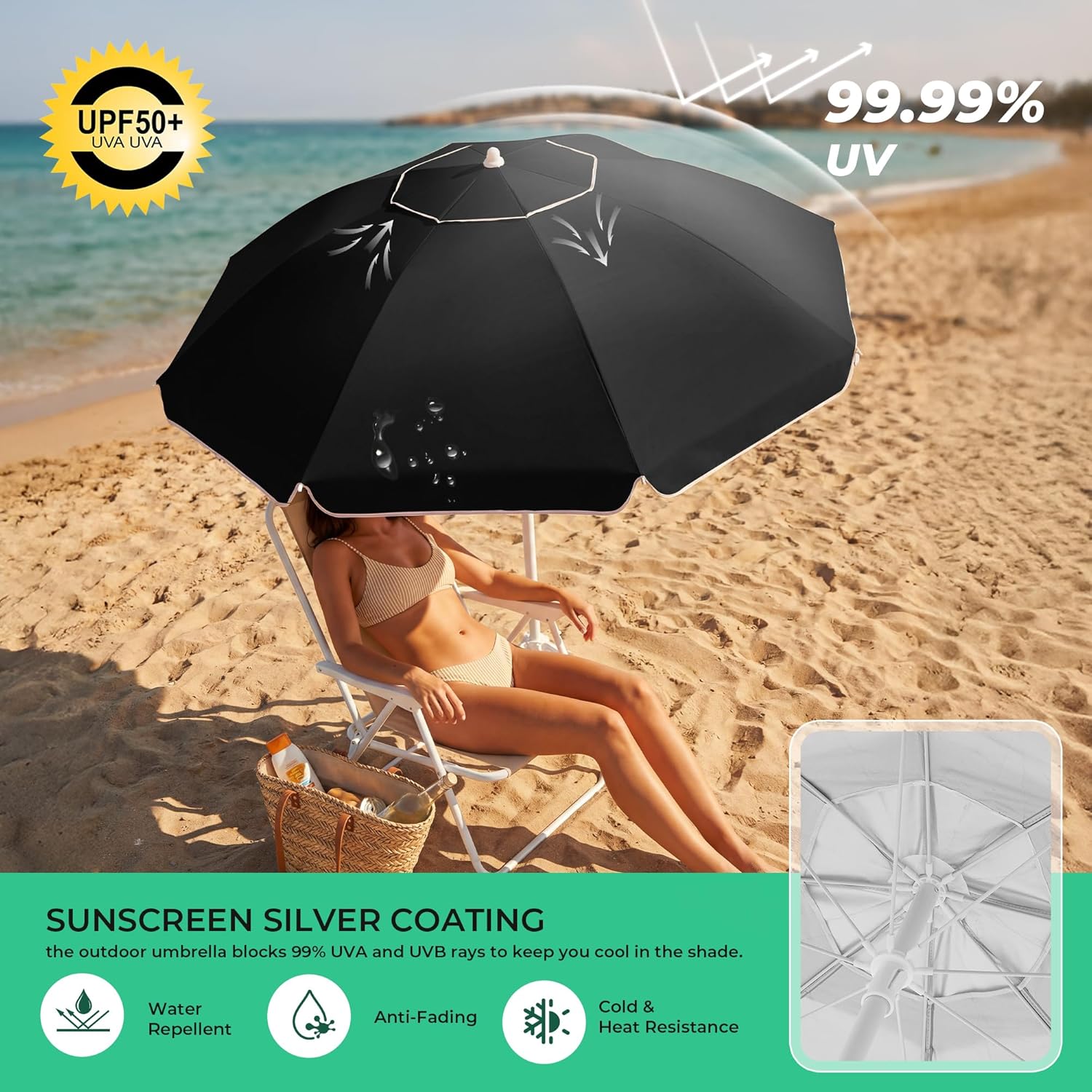 JEAREY 6.5ft Sun Shade Umbrellas, Portable Umbrella with Stand, Lightweight Sun Protection Free Standing Sport Umbrella for Outdoor Sports, Camping, Fishing, Patio, Beach, Black