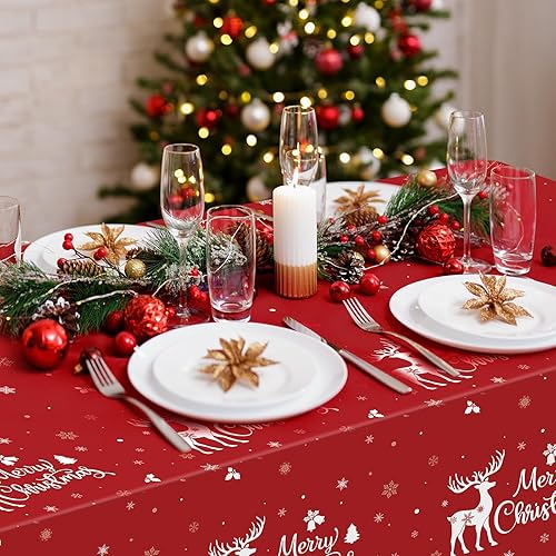 Miniatura 6 de 6 manteles de fiesta de Feliz Navidad, mantel rectangular desechable de plástico con diseño de ciervo de Navidad rojo para Navidad, vacaciones,