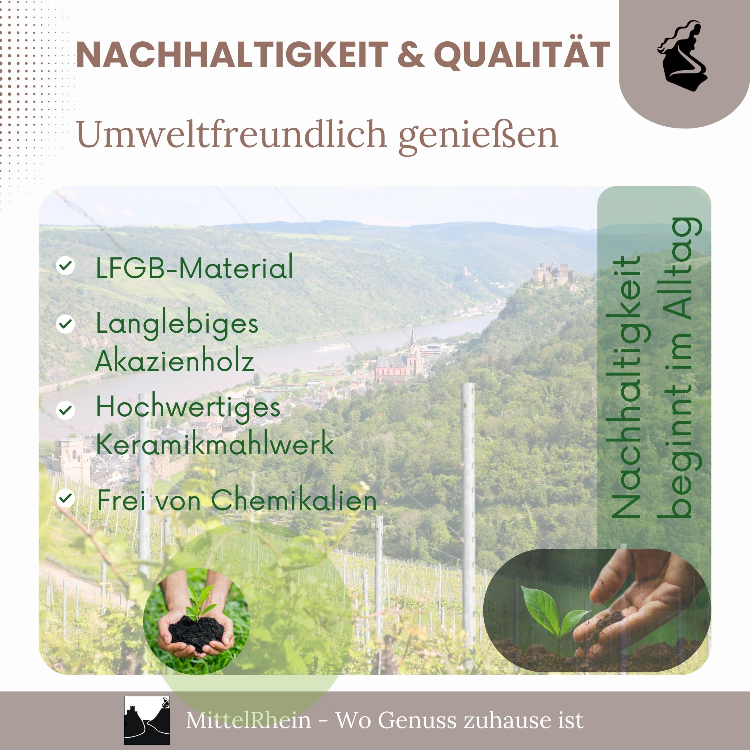 LORELEY® MITTELRHEIN Germany Salz- & Pfeffermühle aus Holz mit Keramikmahlwerk – inkl. Untersetzer & Pinsel – Gewürzmühle in Geschenkbox – Geschenk zur Hochzeit | Einweihung (Luxury Holz)