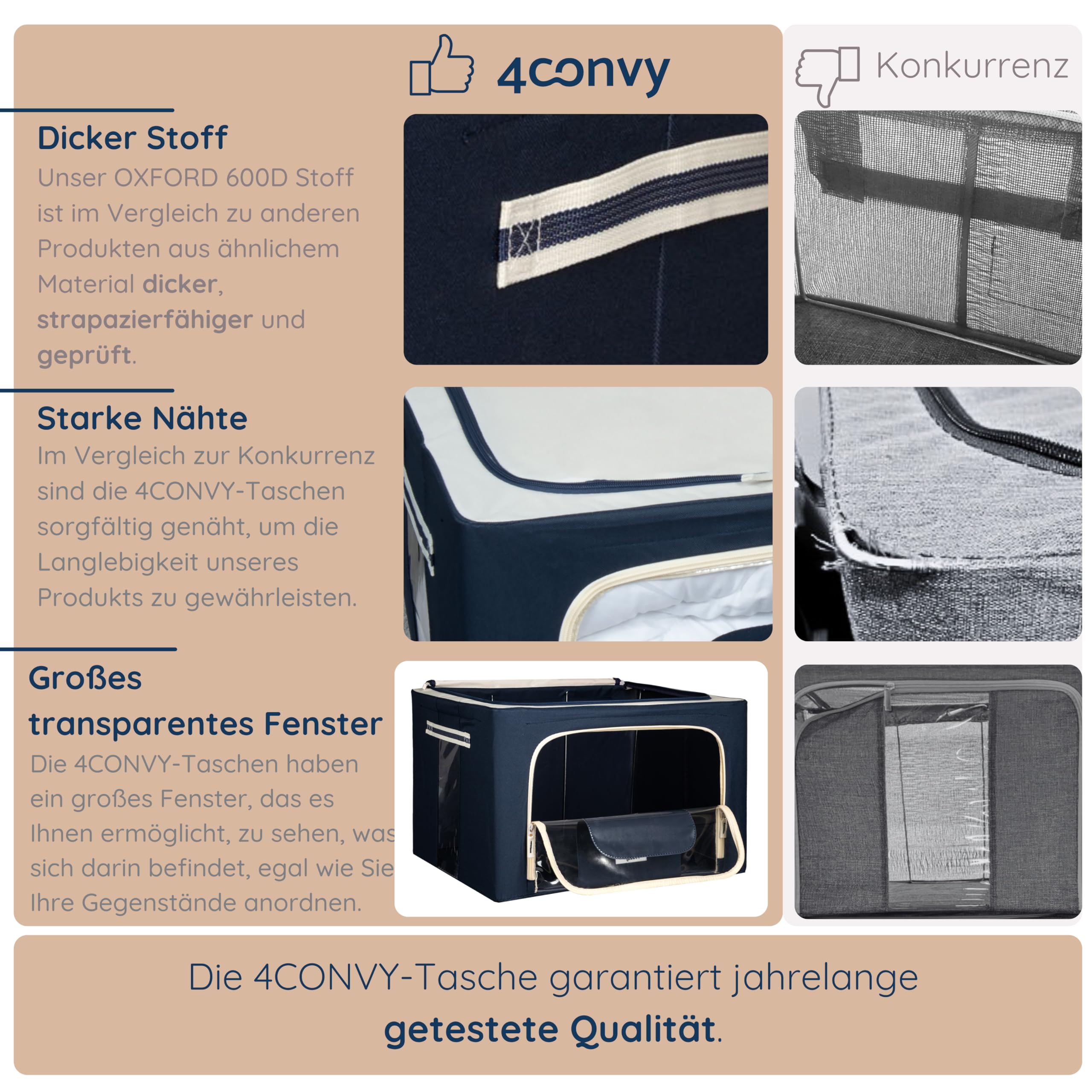 4CONVY Kleideraufbewahrung Kleiderschrank Box mit Reißverschluss Metallrahmen - große faltbare stapelbare Aufbewahrungsbox -3x66L Aufbewahrungstaschen - Kleiderbox für Bettdecke Kleidung Aufbewahrung