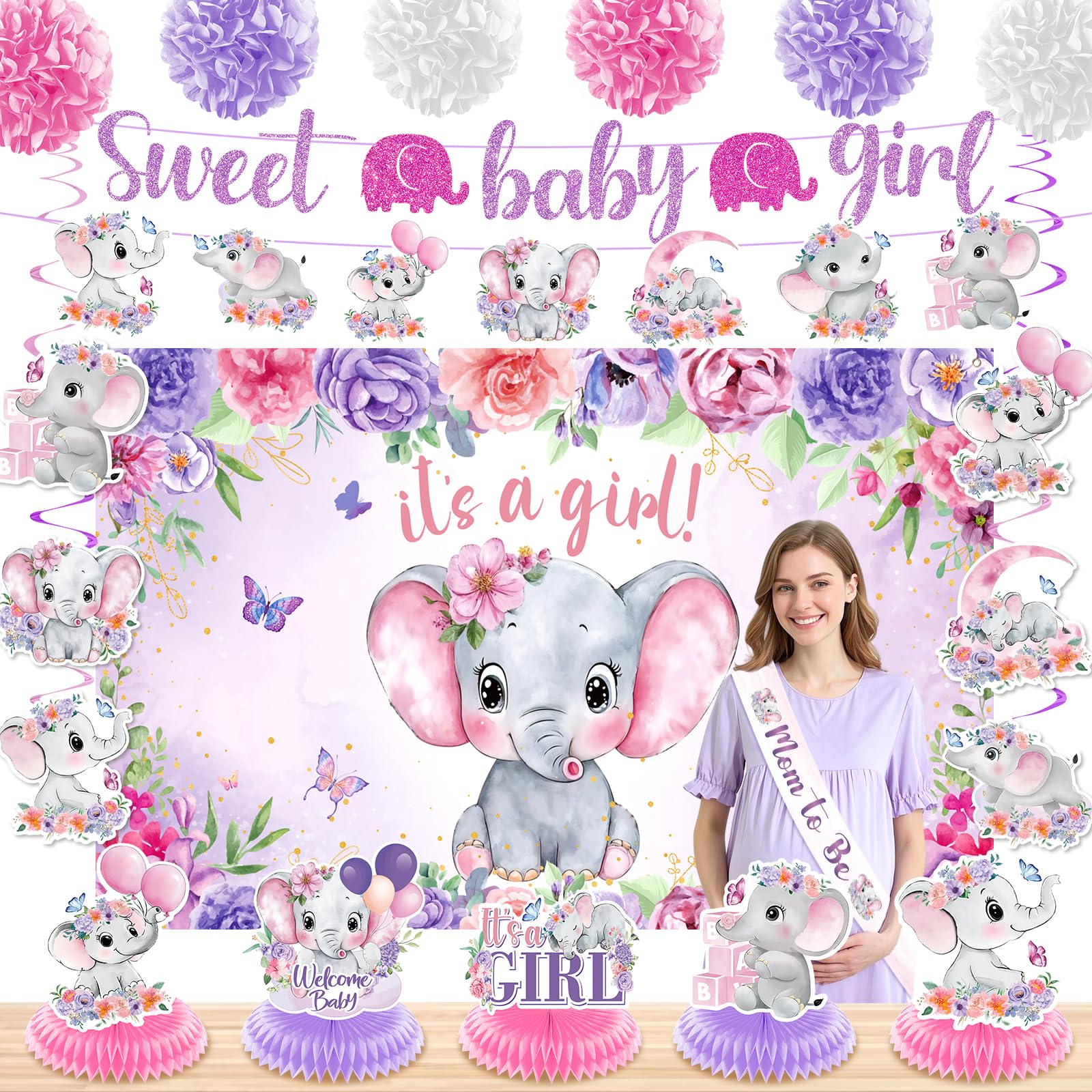 Elephant Baby Shower Decorations for Girl, Pink Purple Sweet Baby Girl Party Supplies It's a Girl Backdrop Banner Honeycomb Centerpieces Hanging