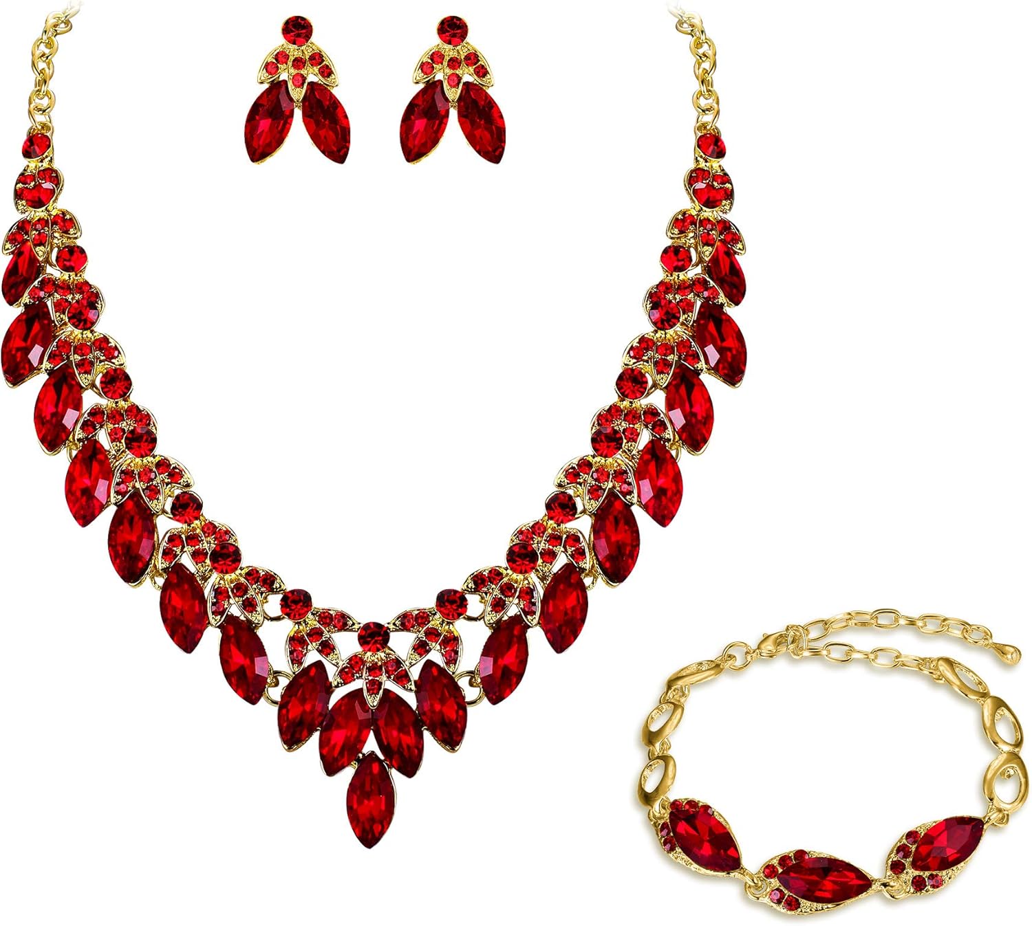 BriLove Women's Wedding Jewelry Set for Bridal Rhinestone Beaded Marquise Cluster Crystal Statement Necklace Dangle Earrings Link Bracelet
