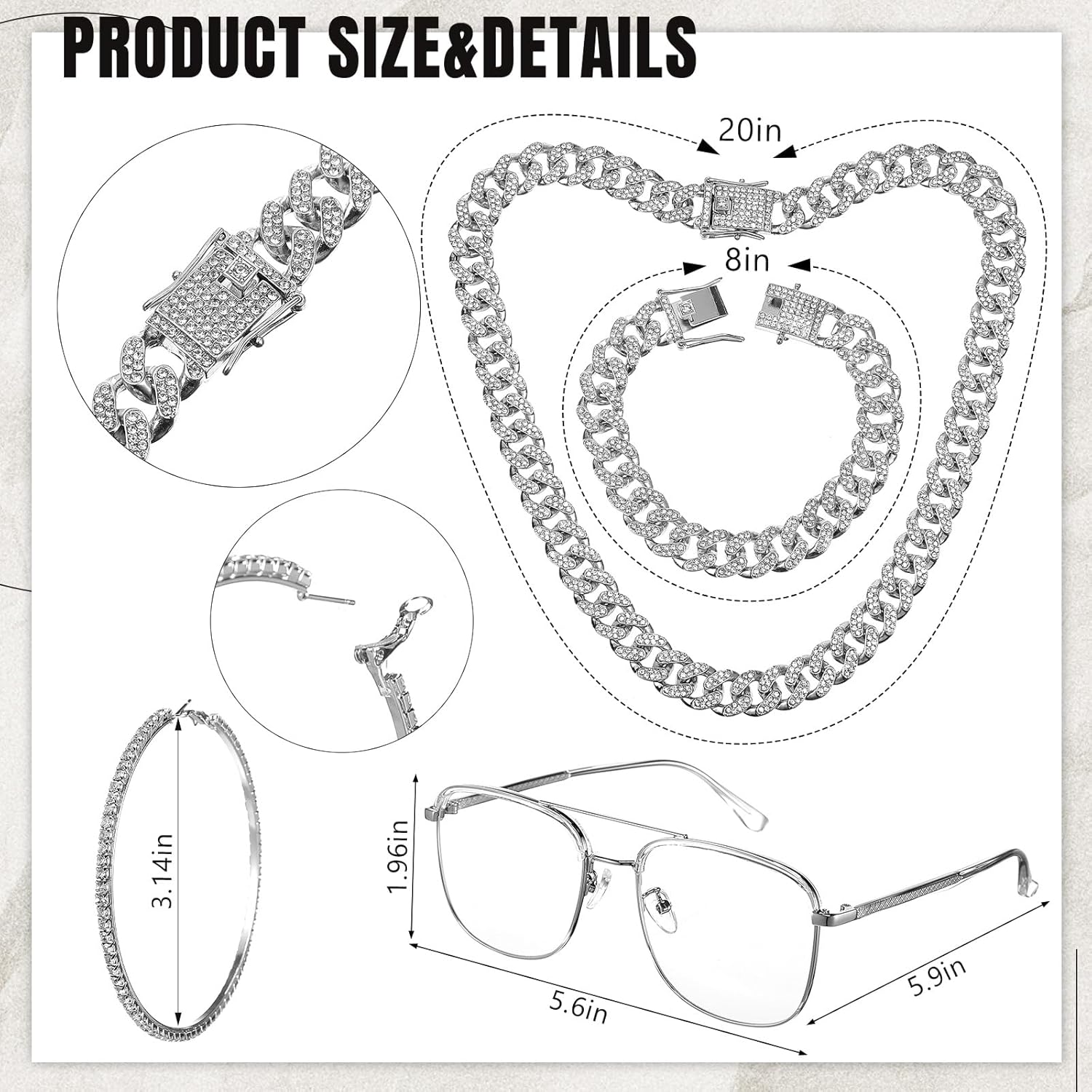 5 Pcs Women Rhinestone Belt Accessories Jewelry Set Bling Studded Leather Belt Cuban Link Chain Necklace Earrings Bracelet Hoop Sunglasses