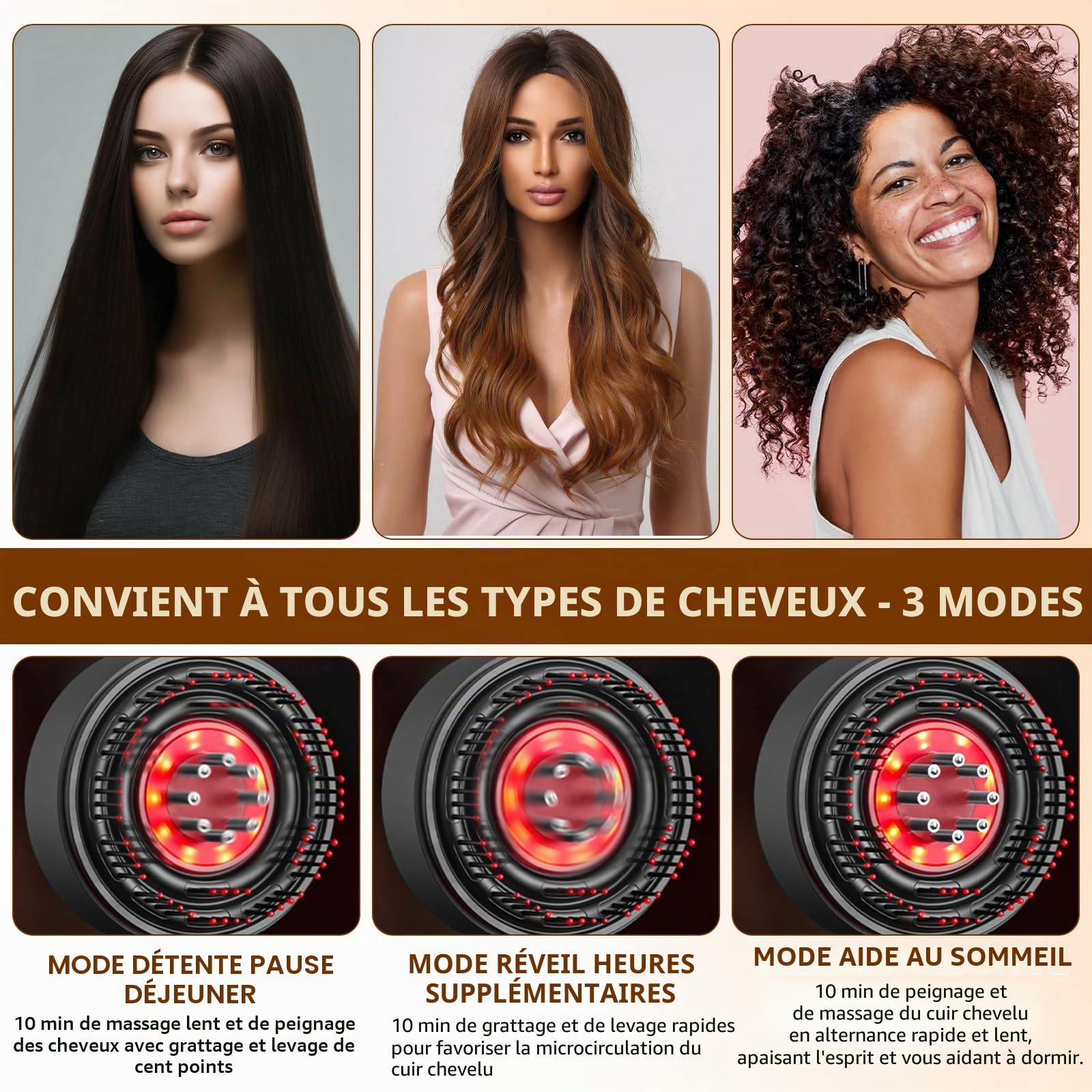 Brosse Massage Cuir Chevelu, Masseur de Tête Électrique, Scalp Massager Applicateur Huile Cheveux avec Lumière Rouge, 3 Modes de Massage, Étanchéité IPX7, pour Détente du Cuir Chevelu (Gris)