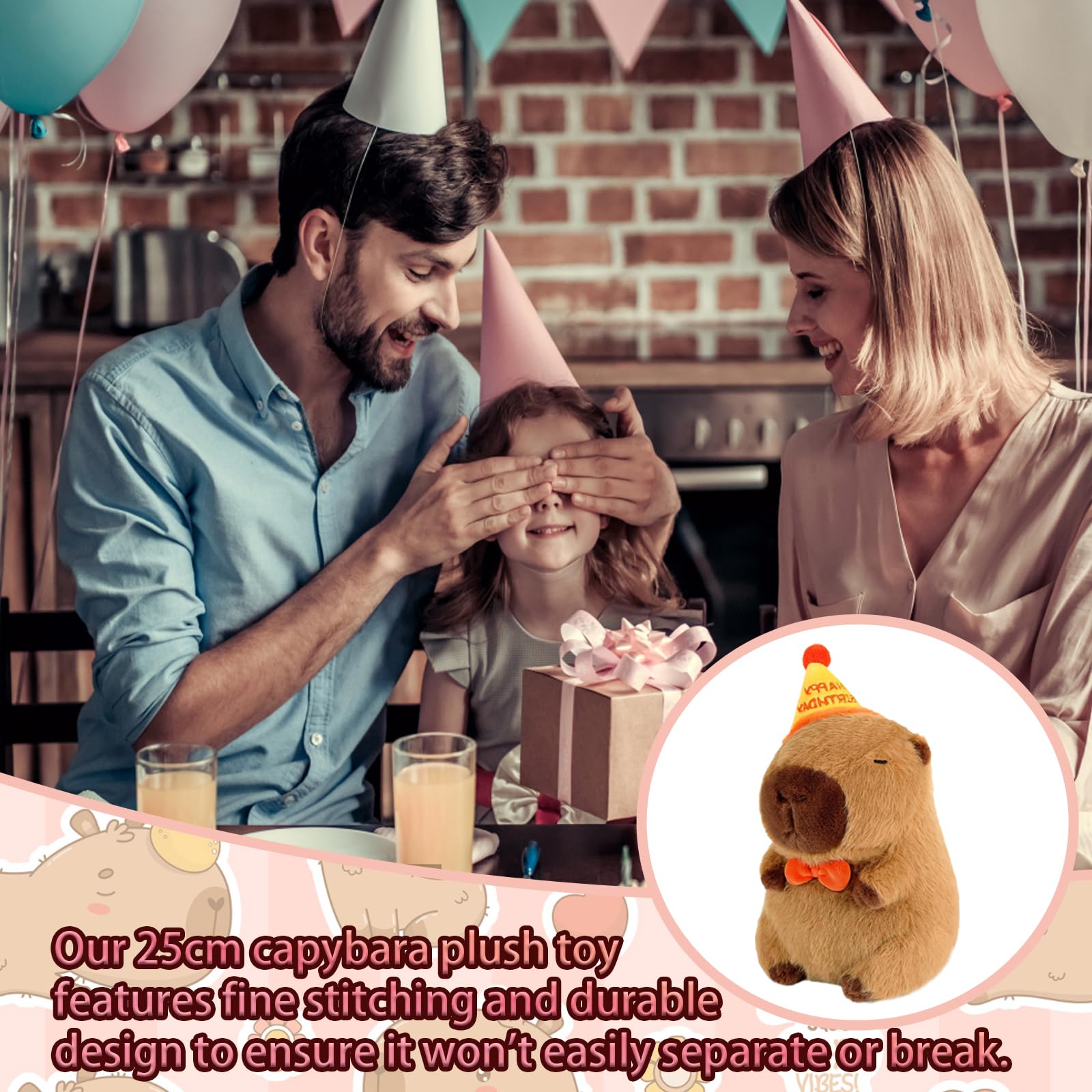 Capybara Plush 25cm Soft Stuffed Animal with Birthday Hat, Adorable Capybara Teddy Toy, Perfect Capybara Gift for Birthdays, Playtime, and Home Decoration — view 6