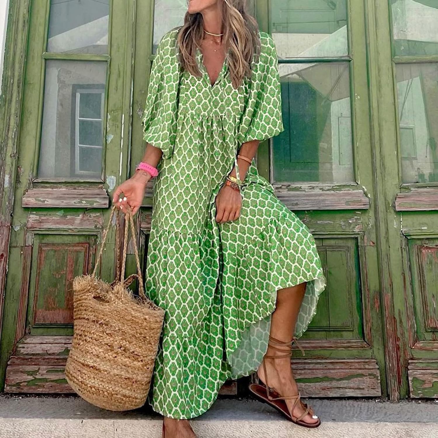 Winter Green Maxi Dress Outfit Women Loose Blouse Cotton And Linen Dress  Female Beach Sand Maxi