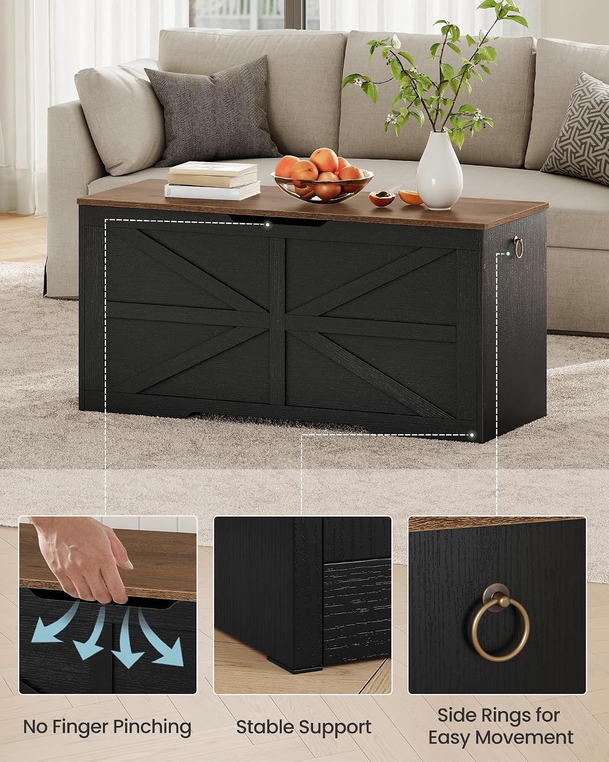 CHOEZON Storage Chest, 39.4" Wooden Storage Trunk, Modern Storage Bench with Safety Hinge, Toy Box, Farmhouse Style, for Bedroom, Living Room, Walnut and Black MCW10BL