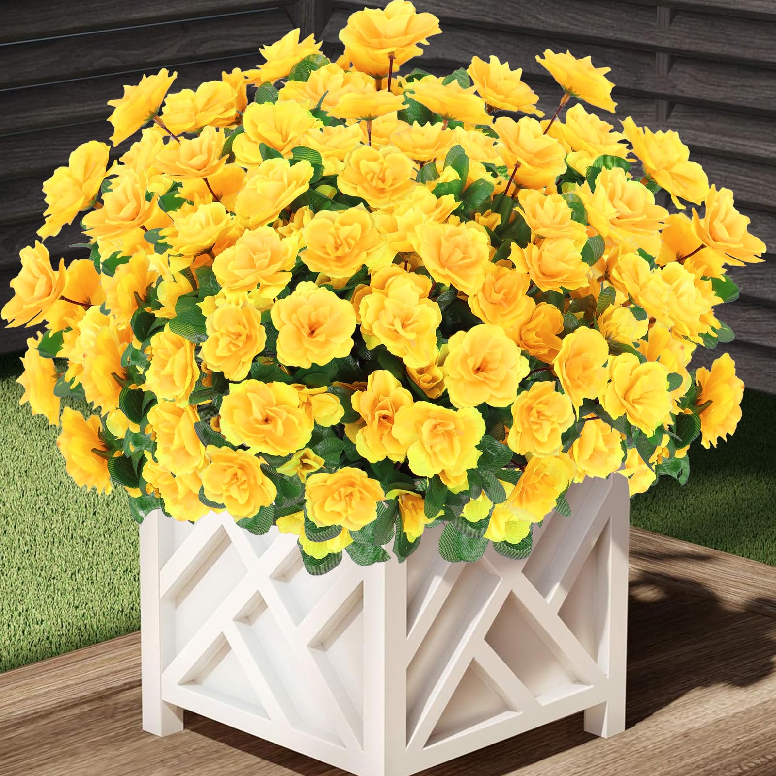 Fleurs artificielles de camélia jaune | Lot de 6 fausses plantes résistantes aux UV pour balcon