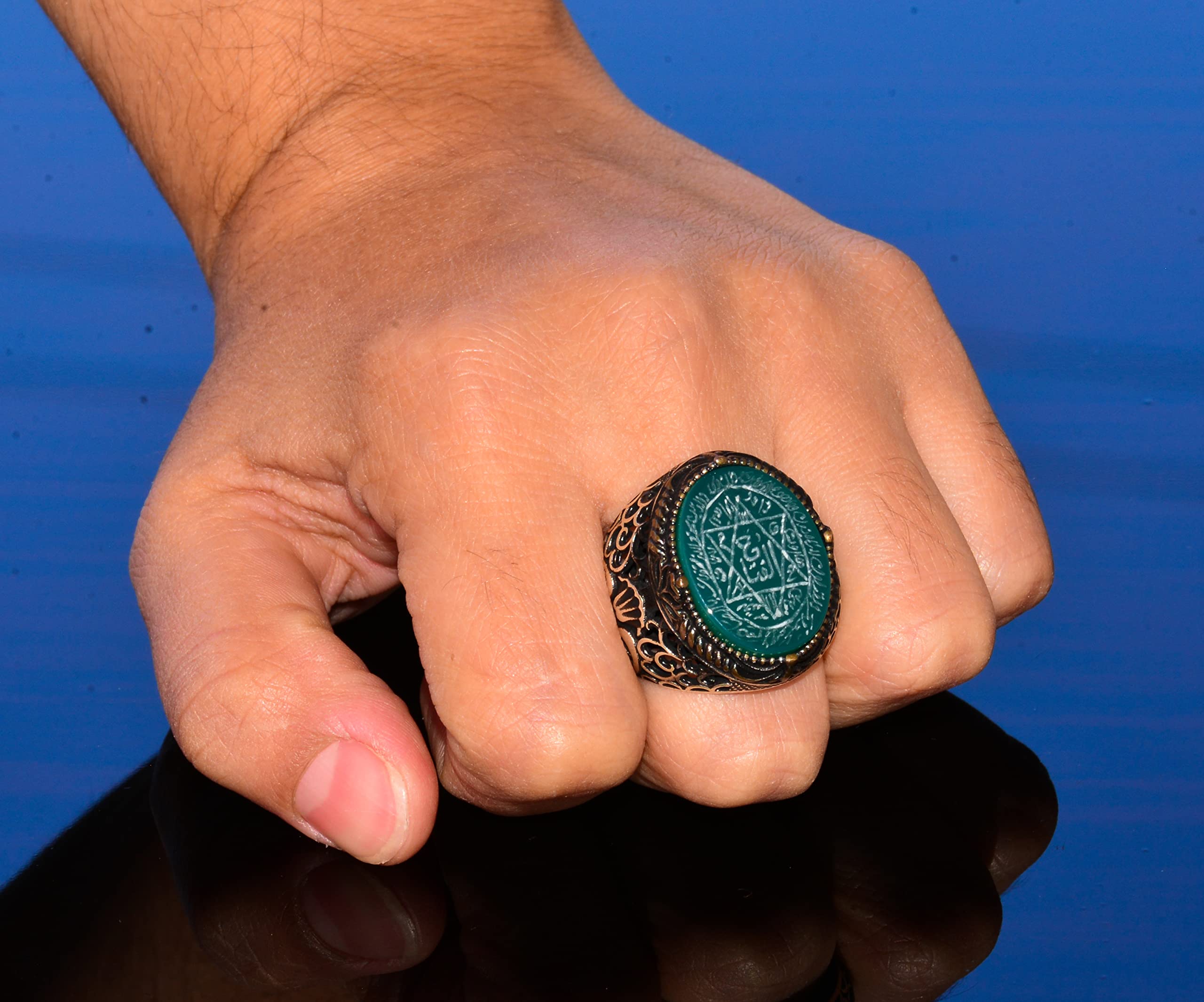 KAMBO - Anillo de sello de Salomón hecho a mano, piedra preciosa de ónix negro, anillo islámico para hombre, de plata de ley 925, Plata, ónix verde