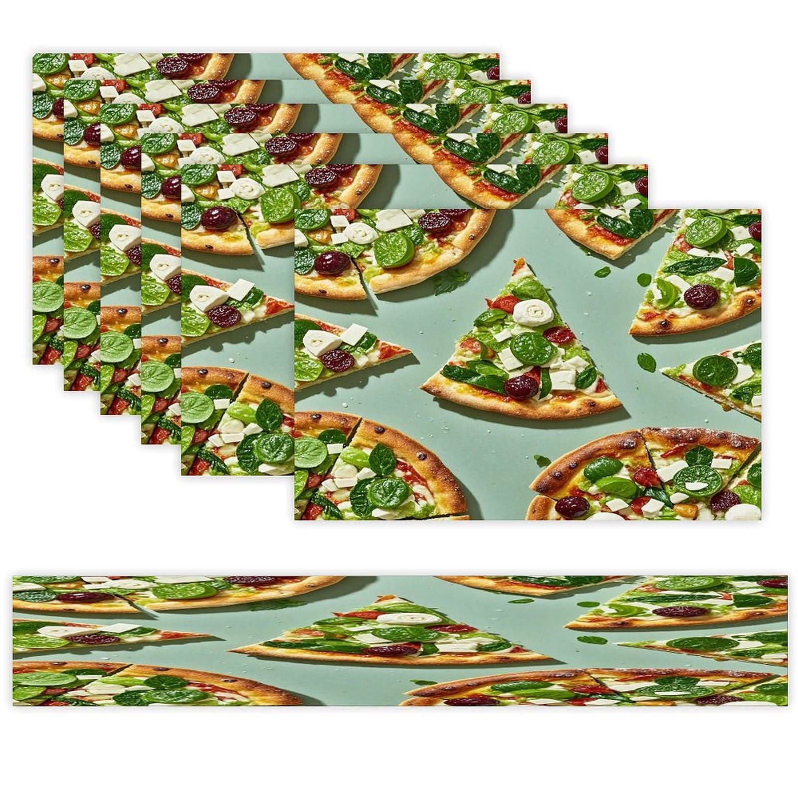 Green Pizza Slices Table Runner and Placemats Set of 6 Heat Resistant Table Runner Place Mats Modern Cloth Table Mat Washable Linen Placemat Festive Reusable Set