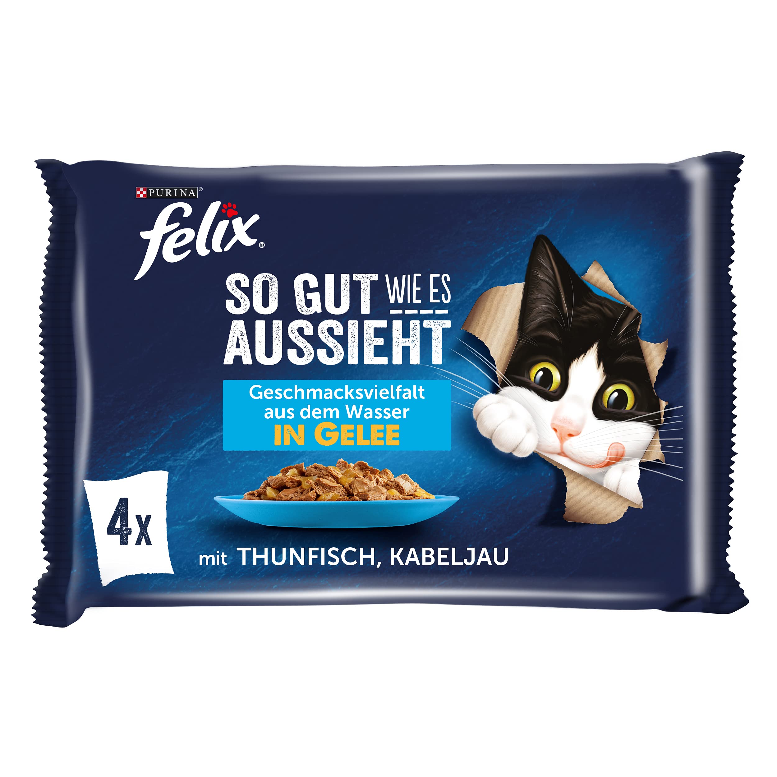 FELIX Comida para Gatos húmeda en gelatina, con atún y Bacalao, Paquete de 12 Unidades (12 x 4 Bolsas de 85 g)