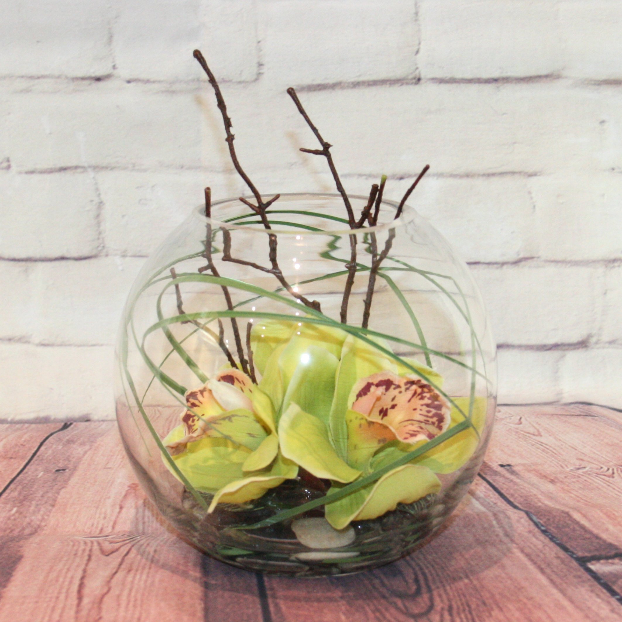 Cymbidium Orchid in Fish Bowl - Silk Flower Arrangement in Still Water