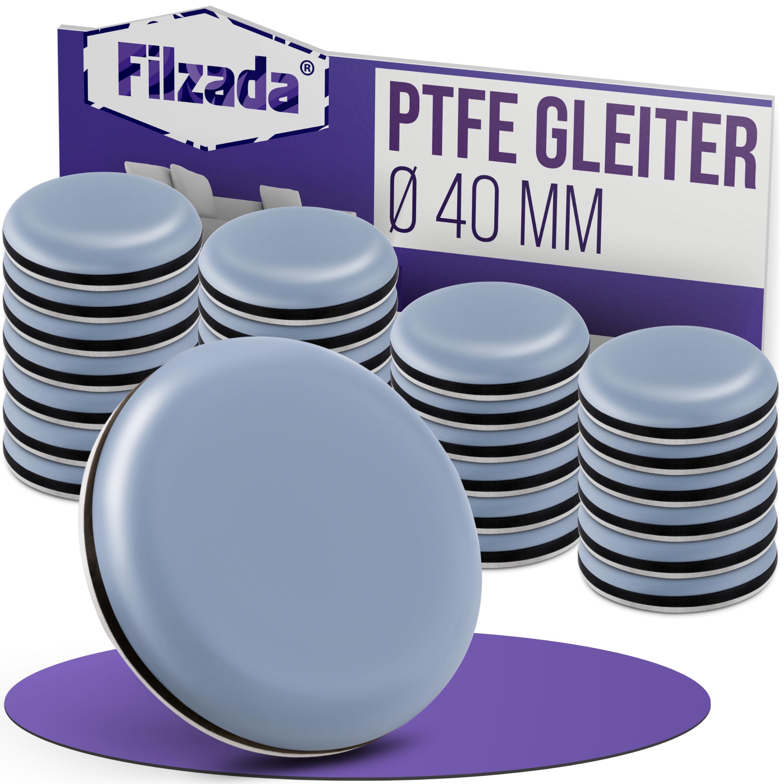 Filzada® 16x Teflongleiter Selbstklebend -Ø 40 mm (rund) - Profi Möbelgleiter/Teppichgleiter PTFE (Teflon)