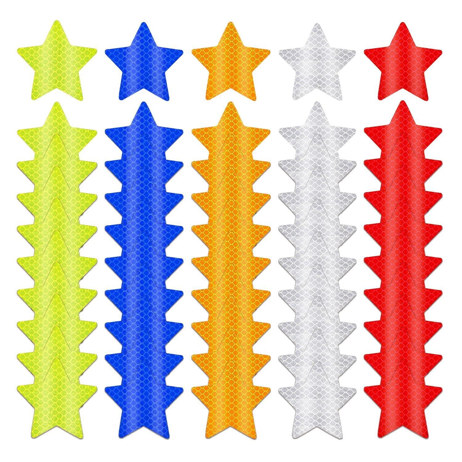 GDFHBD 50 Rounded Five-Pointed Star Reflective Stickers, Fluorescent Eye-Catching, Luminous Safety Warning Signs, Outdoor Helmet Reflective Stickers.