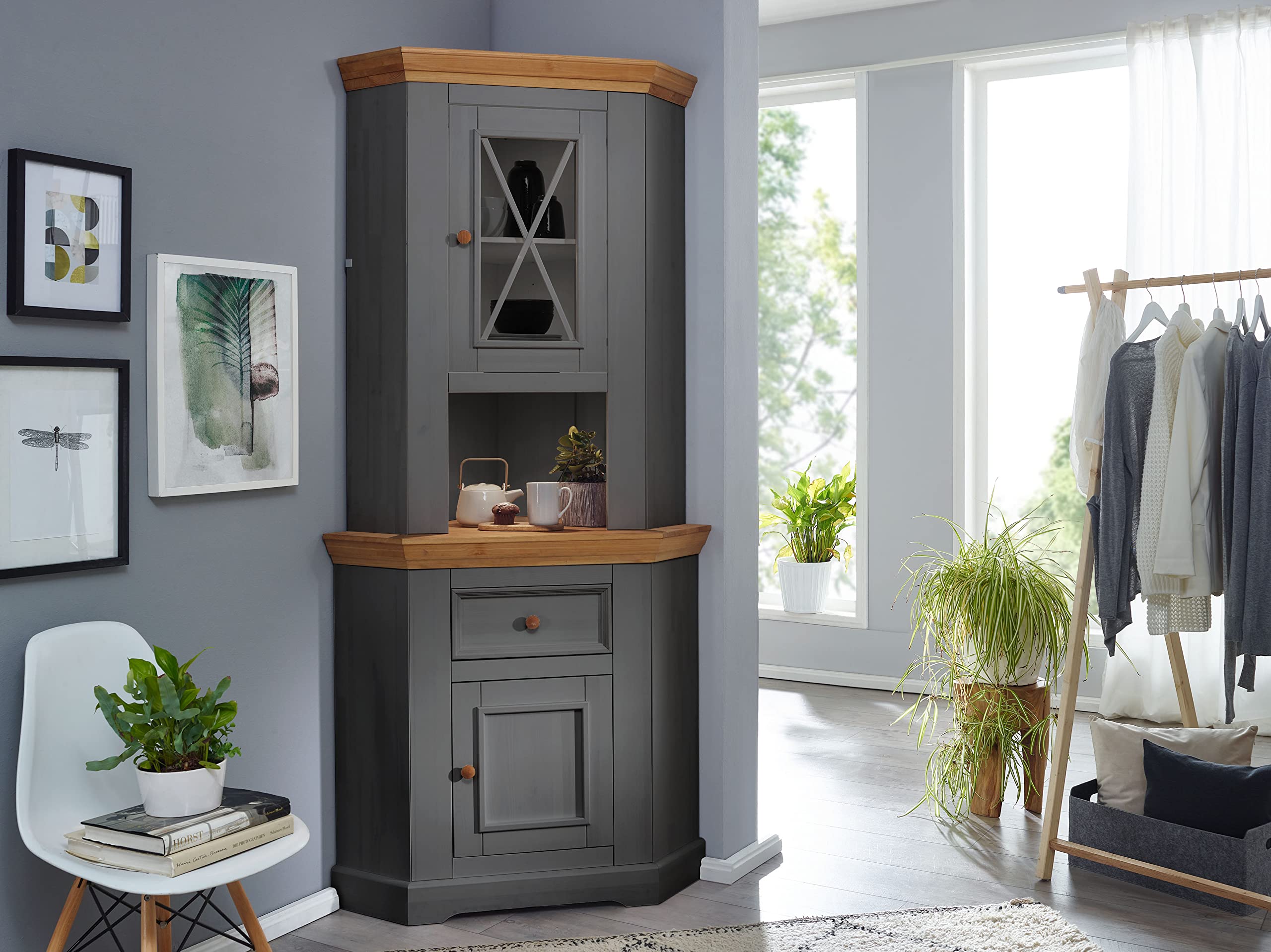 Woodroom Buffet Oslo in Kiefer massiv grau (BxHxT 104x214x69 cm), Eckanrichte