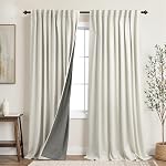 Beige 100% Blackout Curtains for Living Room, Farmhouse Linen Textured Black Out Thermal Curtains for Bedroom 84 Inch Long Light Tan, Rideau Opaque
