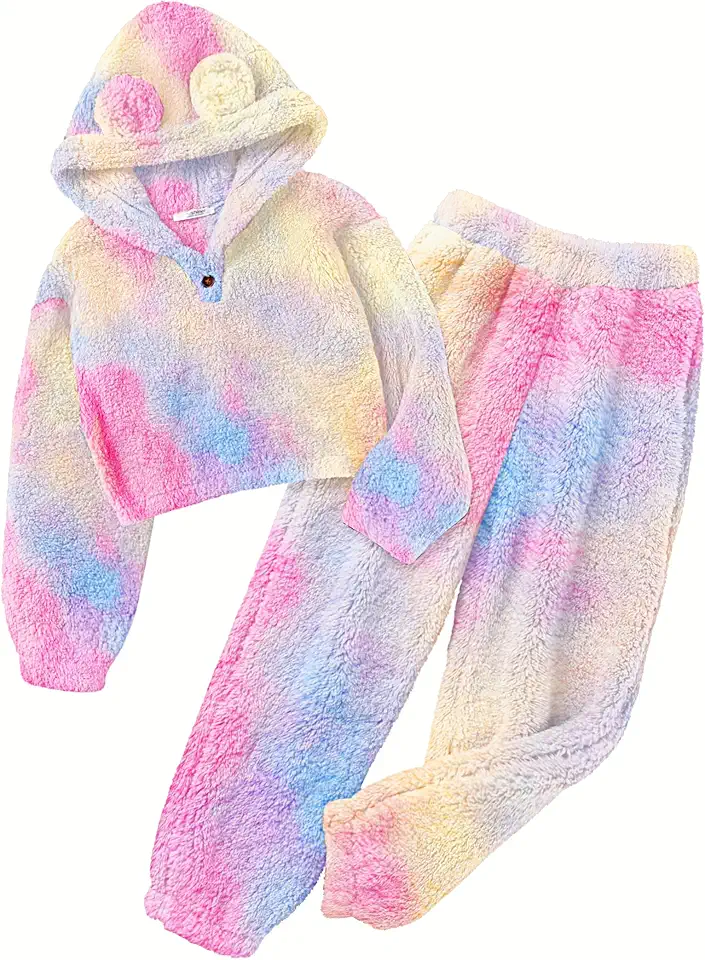 Arshiner Girls 2 Piece Outfits Sweatsuit Fuzzy Long Sleeve Bear Ear Hoodie Sweatshirt and Sweatpant Kids Clothing Sets