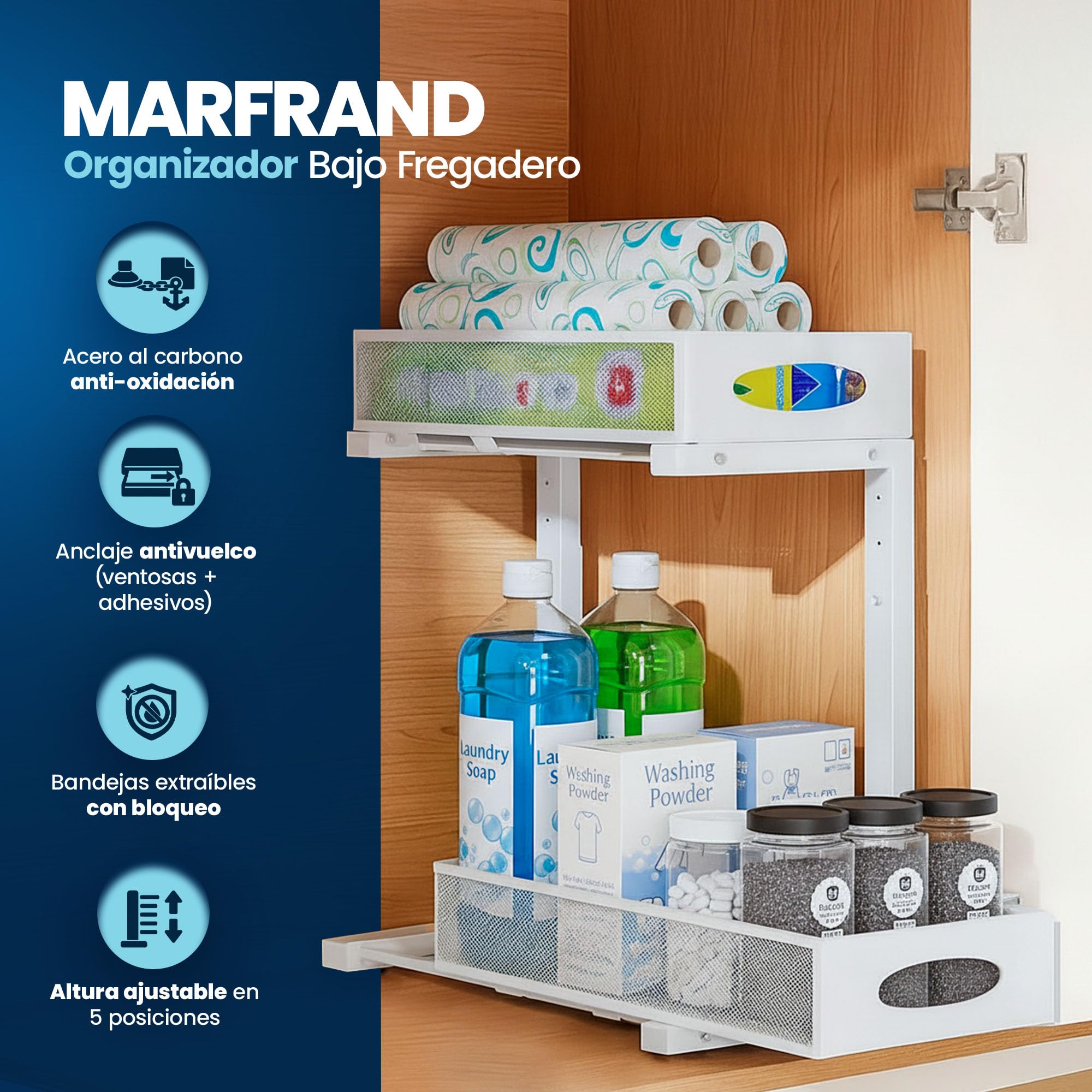 MARFRAND Organizador Bajo Fregadero. Organizador Armario Cocina. Bandeja Extraible Armario. Con accesorios anti vuelco. Incluye Colgador para Esponja de Cocina para Fregadero. - 2