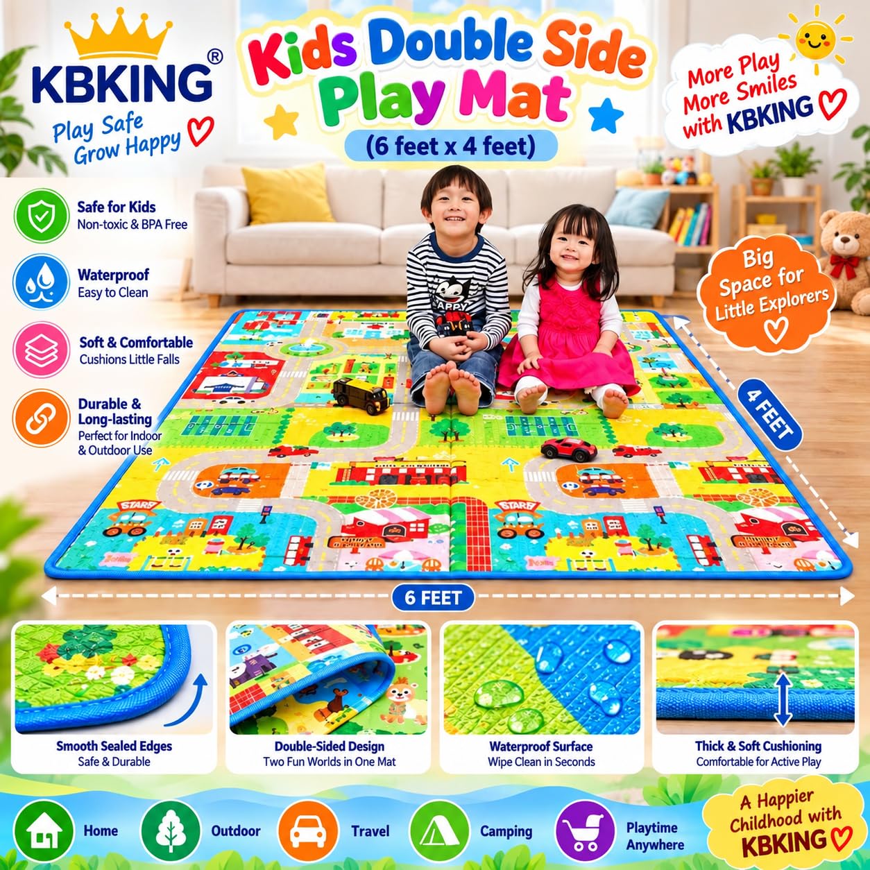 Double Sided Waterproof Baby Play Mat - 6x4 Feet -8 Double Sided Waterproof Baby Play Mat - 6x4 Feet -8