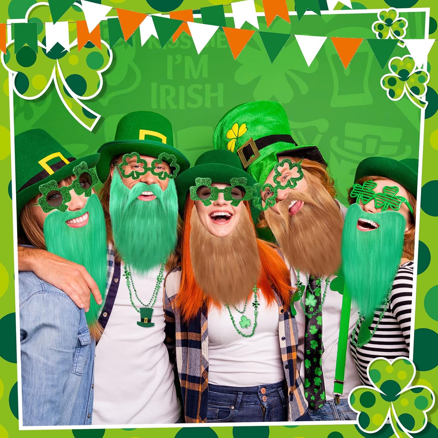 Jutom St. Patrick's Day Accessories Included 6 St. Patrick's Day Shamrock Glasses 9 St. Patrick's Day Necklaces 6 St. Patrick's Day Fake Beards for Holiday Irish Parades Themed Party Favors Supplies - Image 3