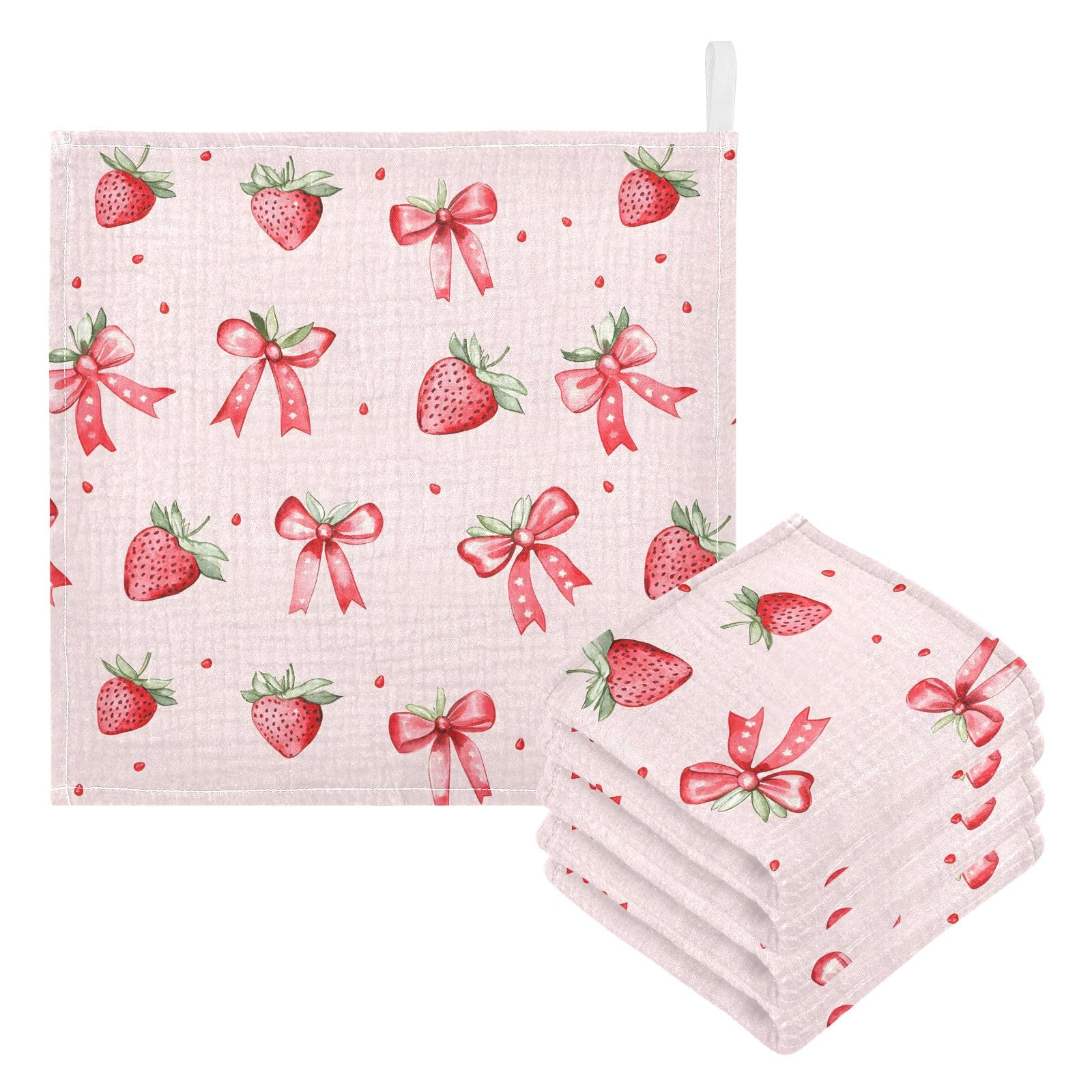 Washcloths Set Bathroom Kitchen Wash Cloths Face Towels Wipes Strawberry Bows Cute Decorative 12x12 Inch 5 Pack